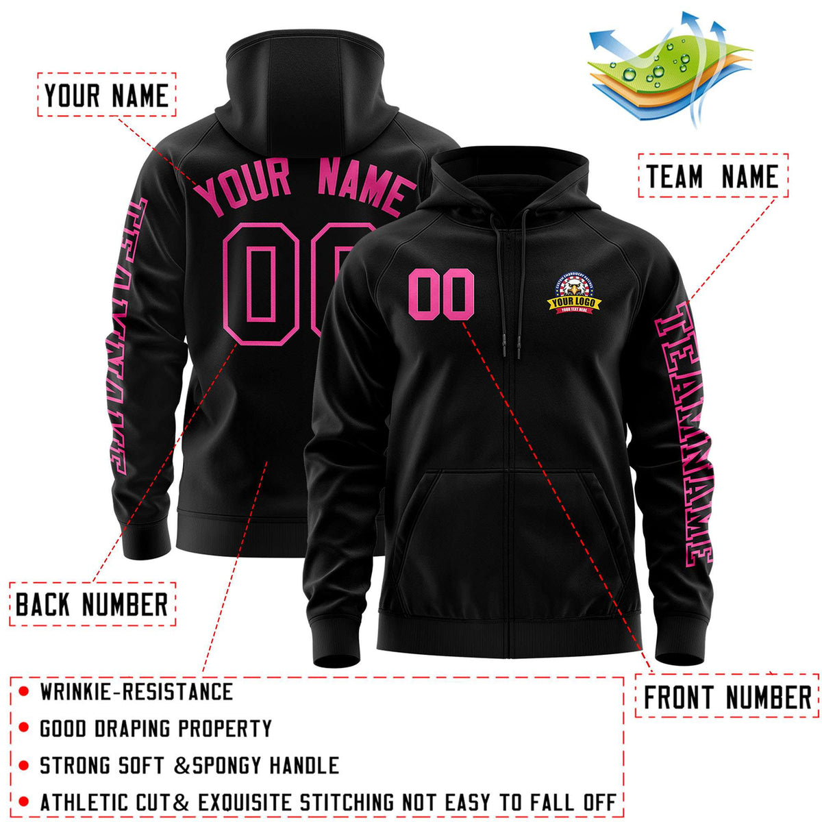 Custom Black Pink Varsity Full-Zip Letterman Classic Jacket Hoodie| KXKSHOP