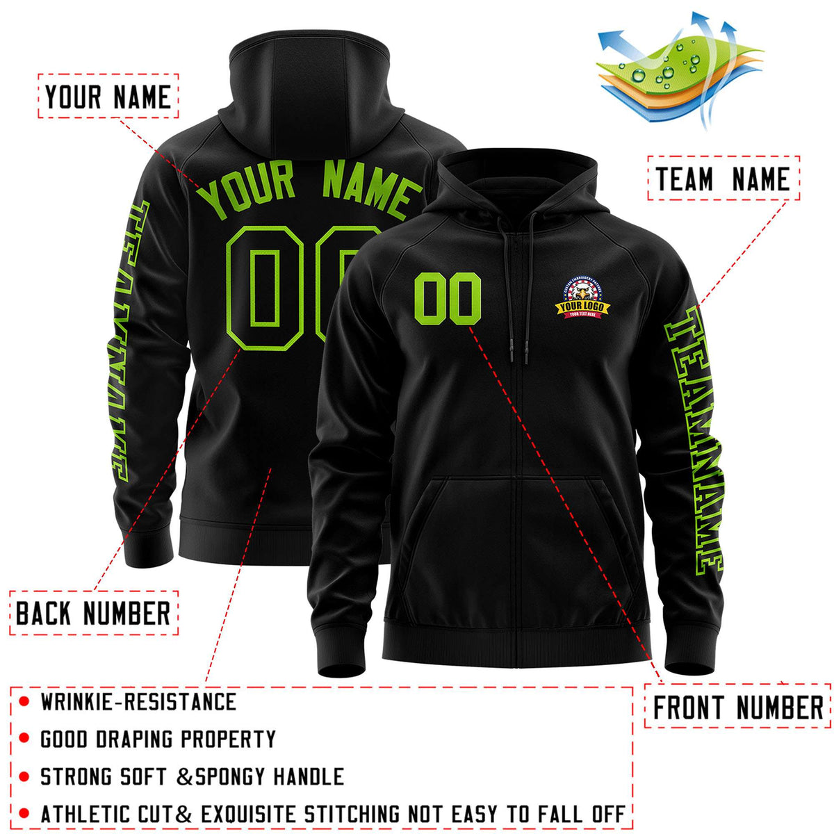Custom Black Neon Green Varsity Full-Zip Letterman Classic Jacket Hoodie| KXKSHOP