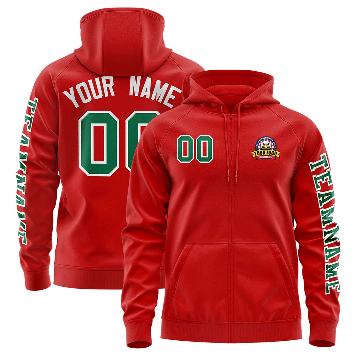 Custom Red Kelly Green Varsity Full-Zip Letterman Classic Jacket Hoodie| KXKSHOP