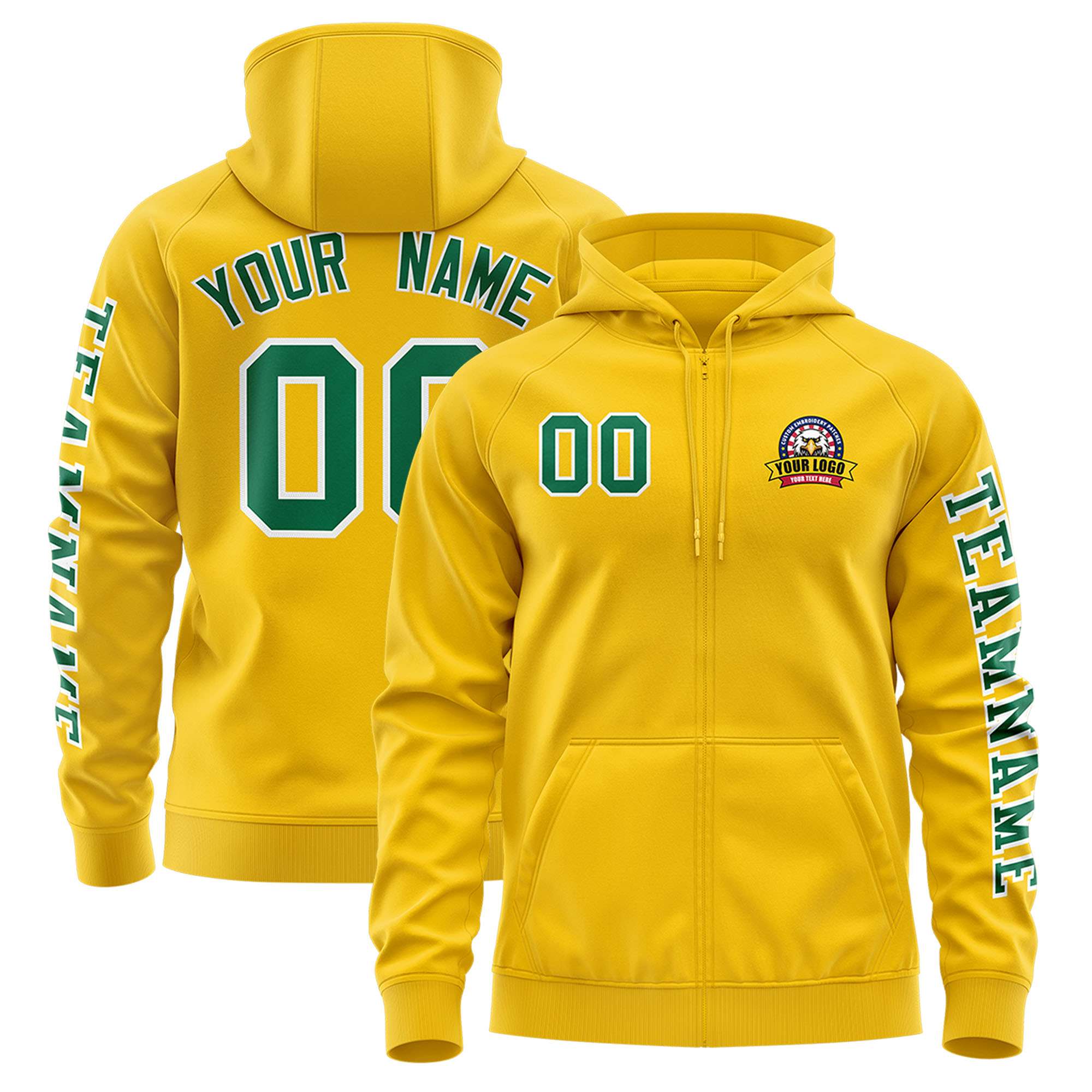 Custom Gold Kelly Green Varsity Full-Zip Letterman Classic Jacket Hoodie| KXKSHOP