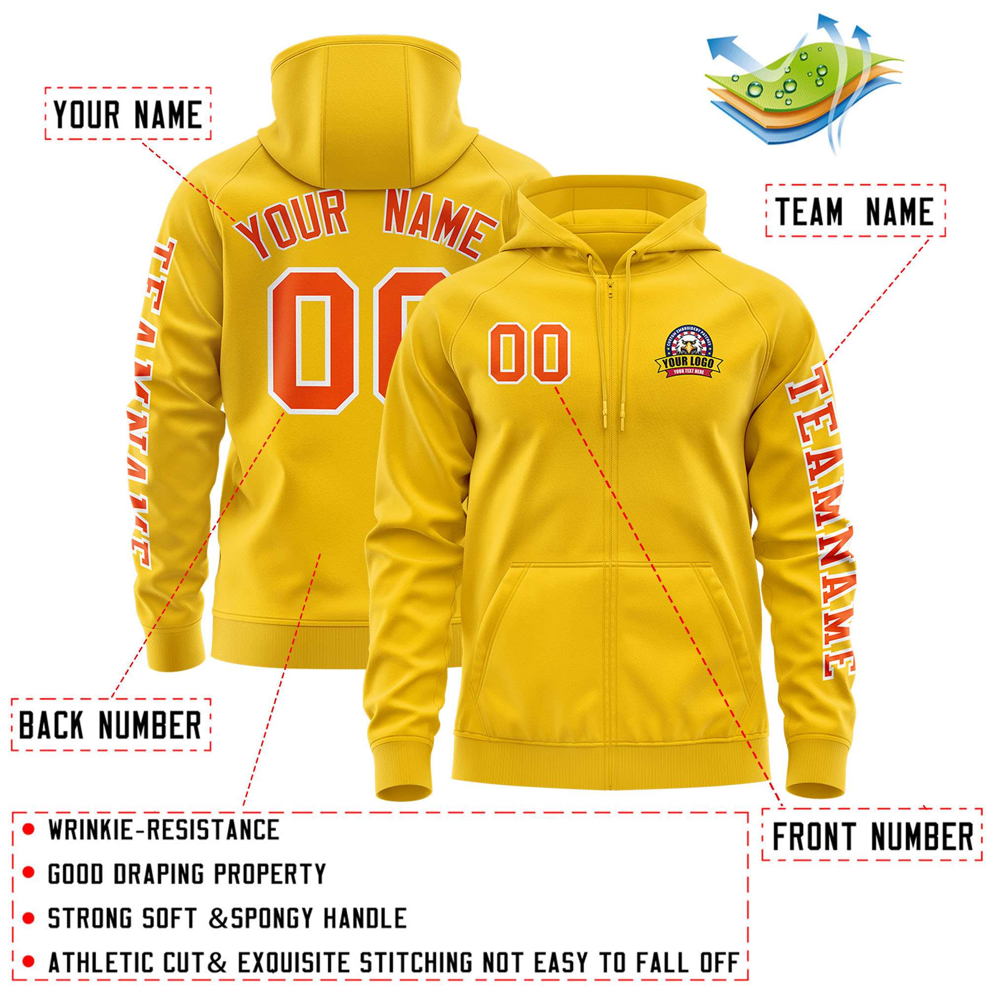 Custom Gold Orange Varsity Full-Zip Letterman Classic Jacket Hoodie| KXKSHOP