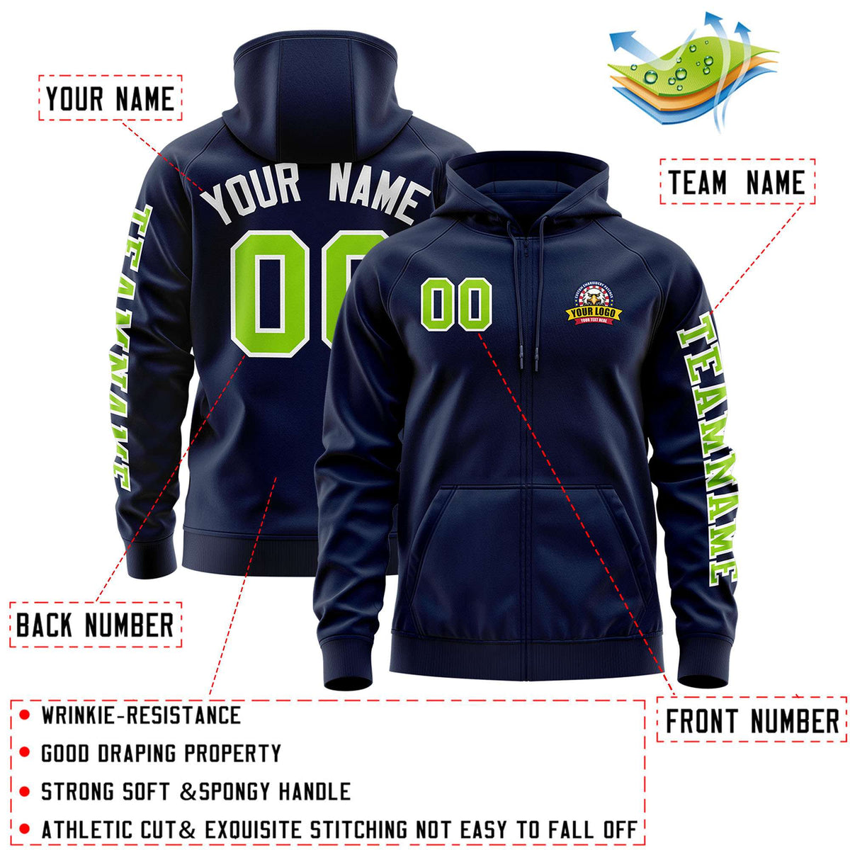 Custom Navy Neon Green Varsity Full-Zip Letterman Classic Jacket Hoodie| KXKSHOP