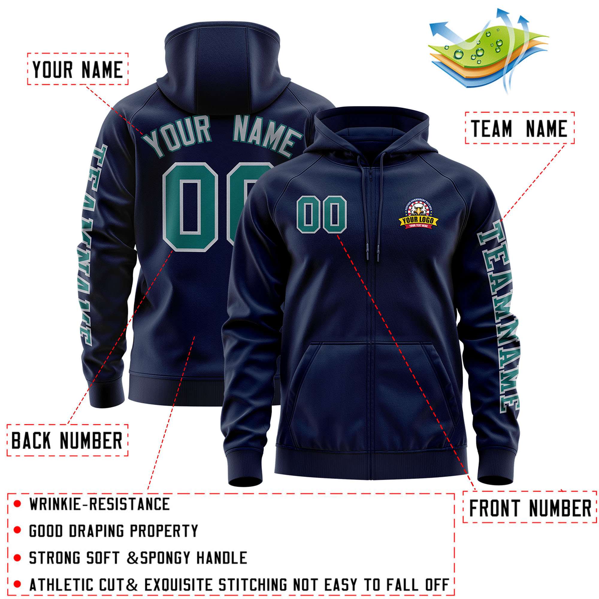 Custom Navy Aqua Varsity Full-Zip Letterman Classic Jacket Hoodie| KXKSHOP