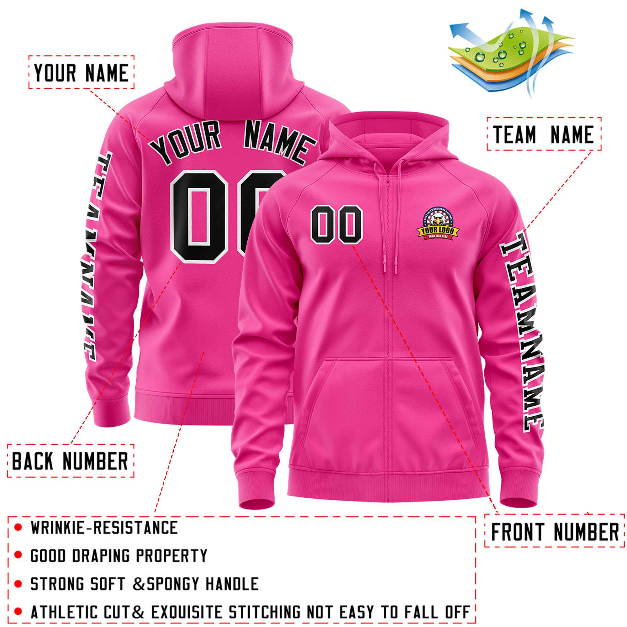 Custom Pink Black Varsity Full-Zip Letterman Classic Jacket Hoodie| KXKSHOP