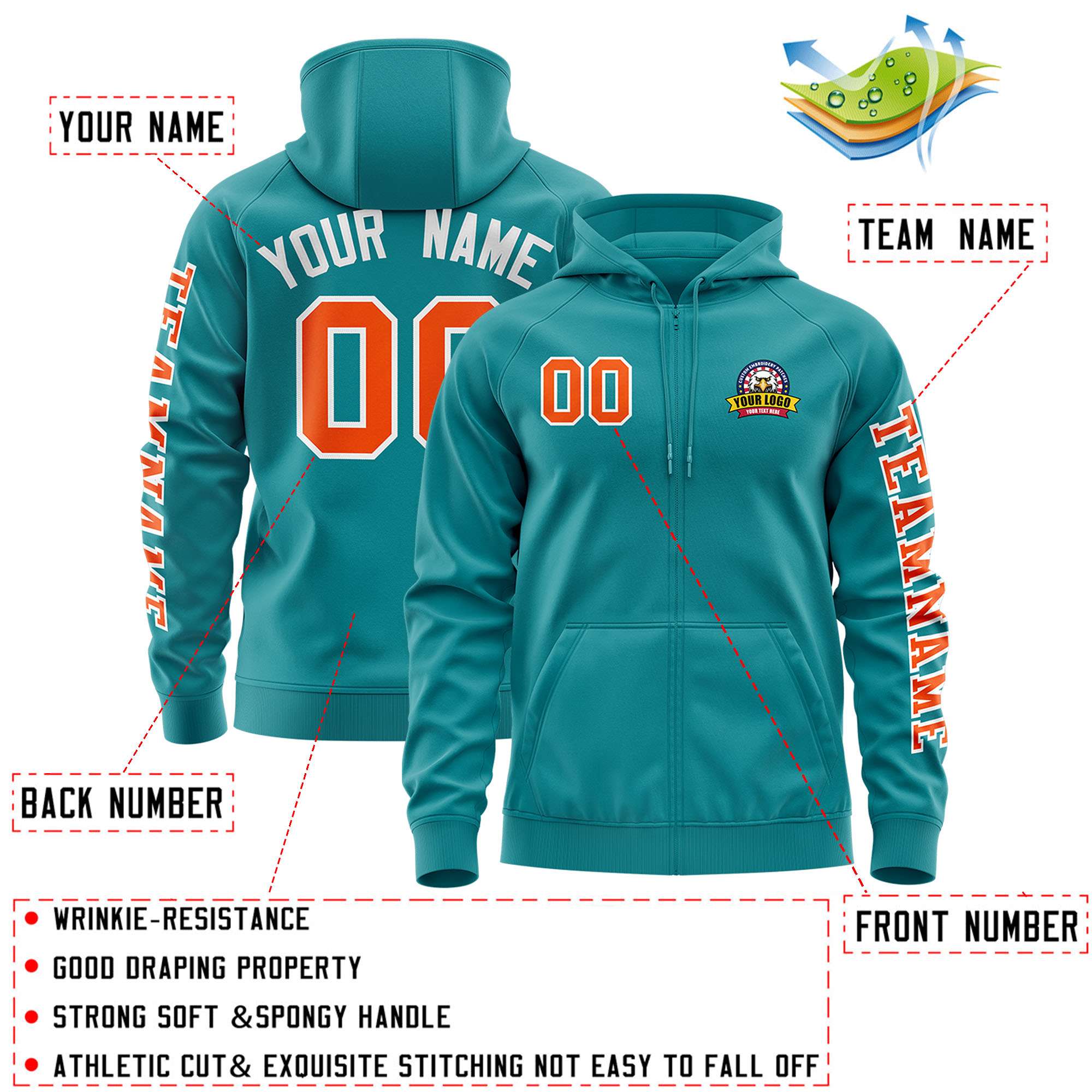 Custom Aqua Orange Varsity Full-Zip Letterman Classic Jacket Hoodie| KXKSHOP