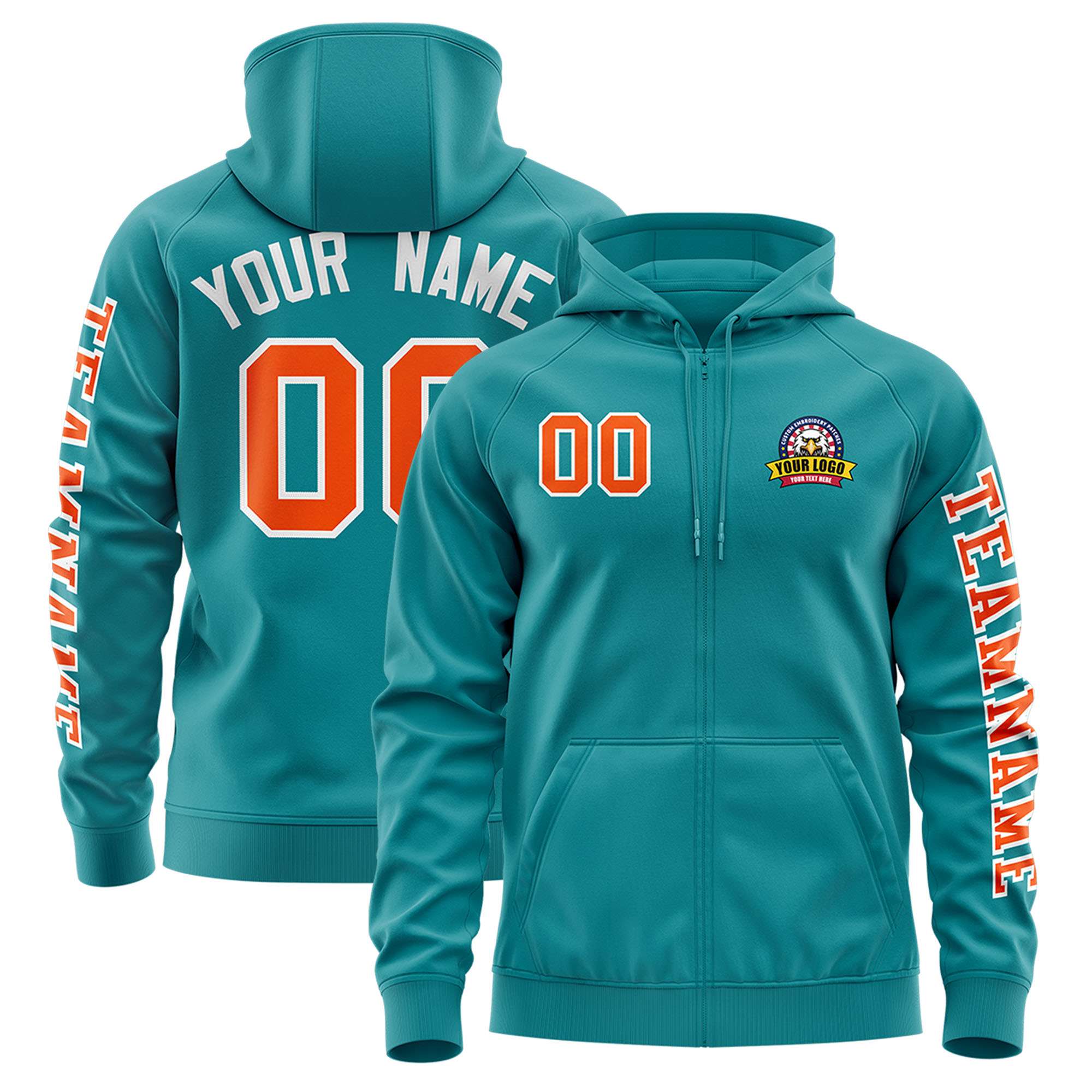 Custom Aqua Orange Varsity Full-Zip Letterman Classic Jacket Hoodie| KXKSHOP