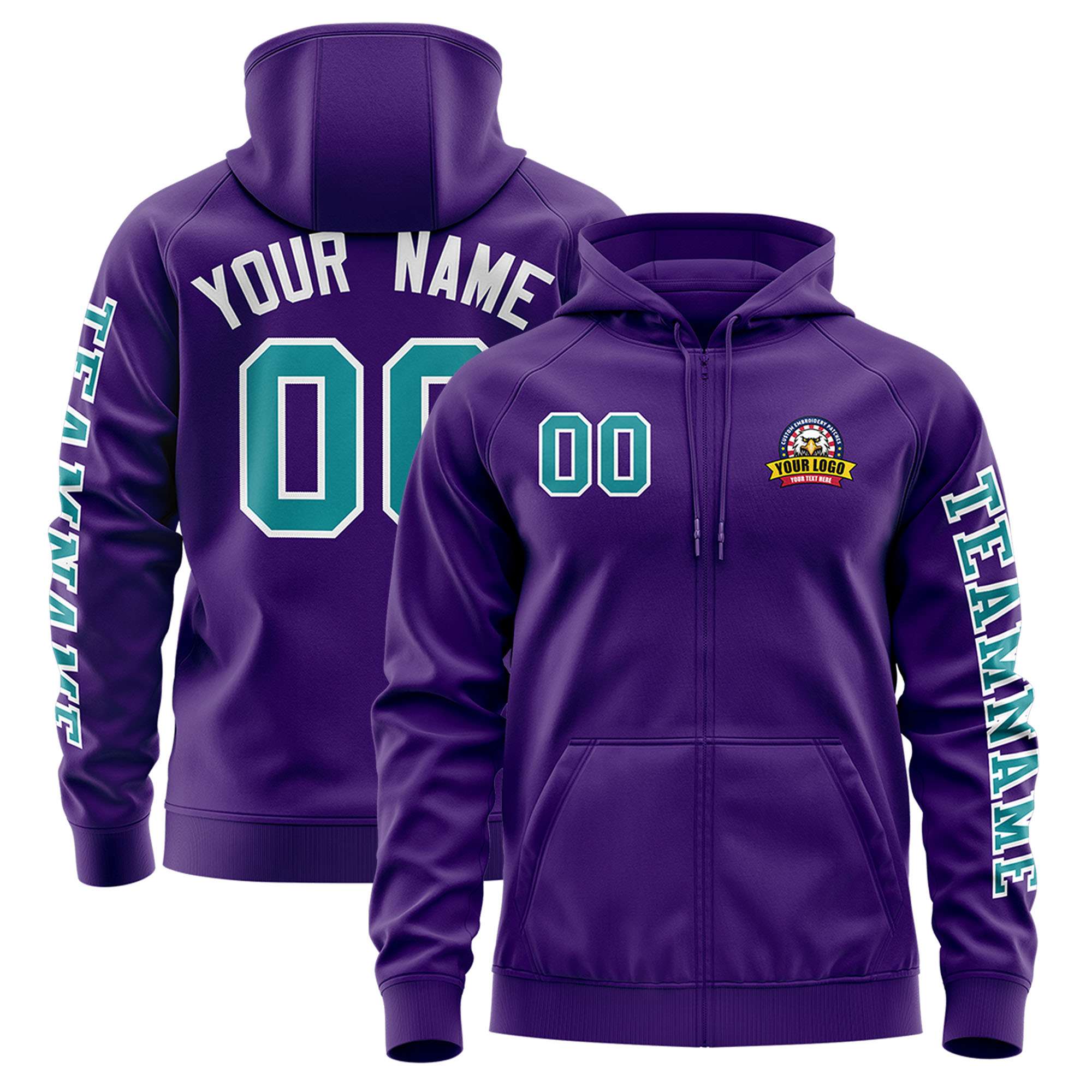 Custom Purple Aqua Varsity Full-Zip Letterman Classic Jacket Hoodie| KXKSHOP
