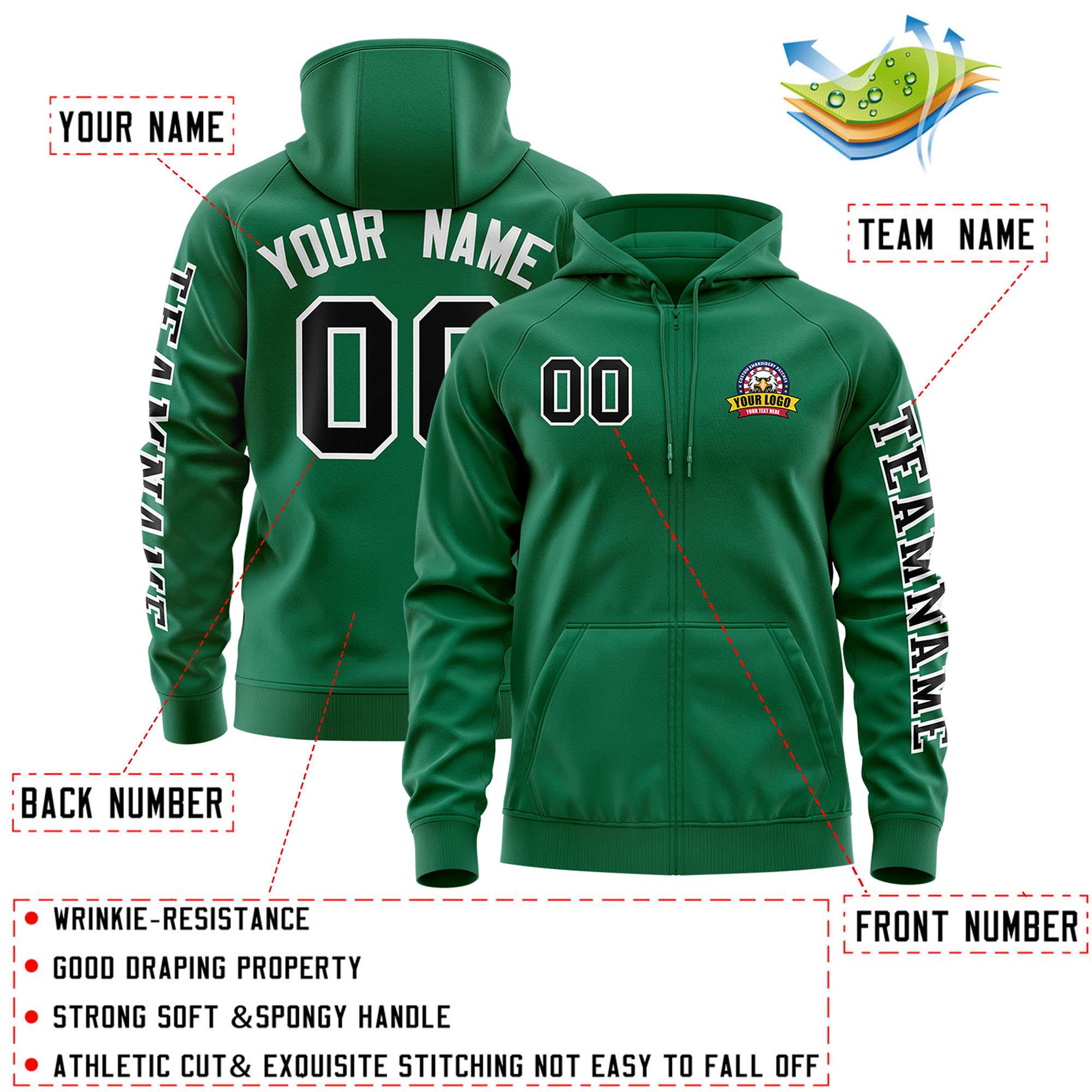 Custom Kelly Green Black Varsity Full-Zip Letterman Classic Jacket Hoodie| KXKSHOP