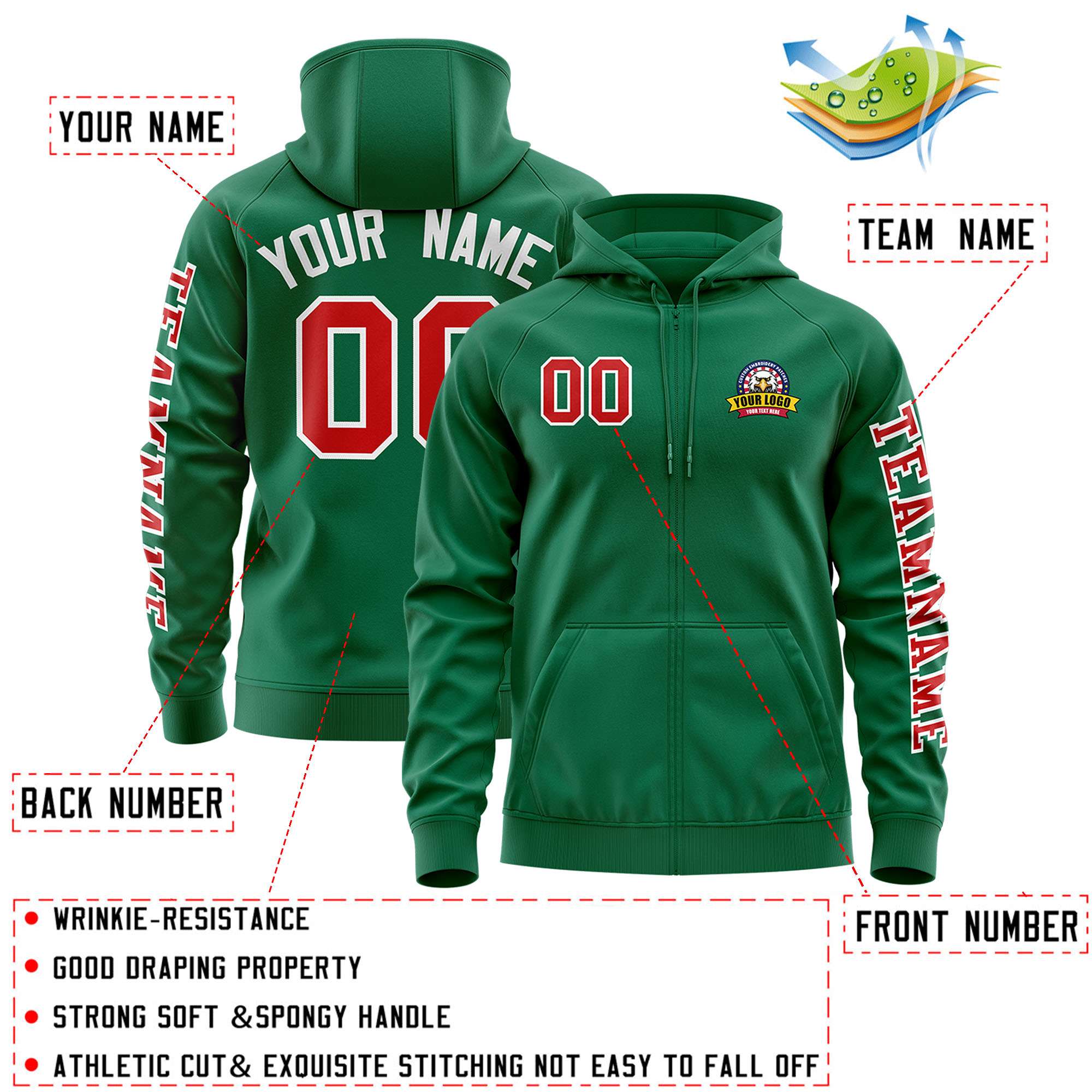 Custom Kelly Green Red Varsity Full-Zip Letterman Classic Jacket Hoodie| KXKSHOP