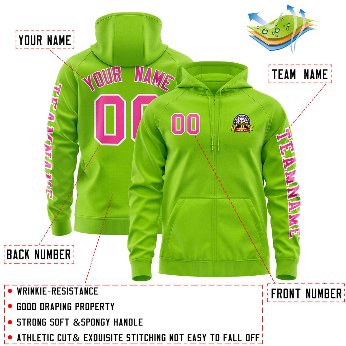 Custom Neon Green Pink Varsity Full-Zip Letterman Classic Jacket Hoodie| KXKSHOP