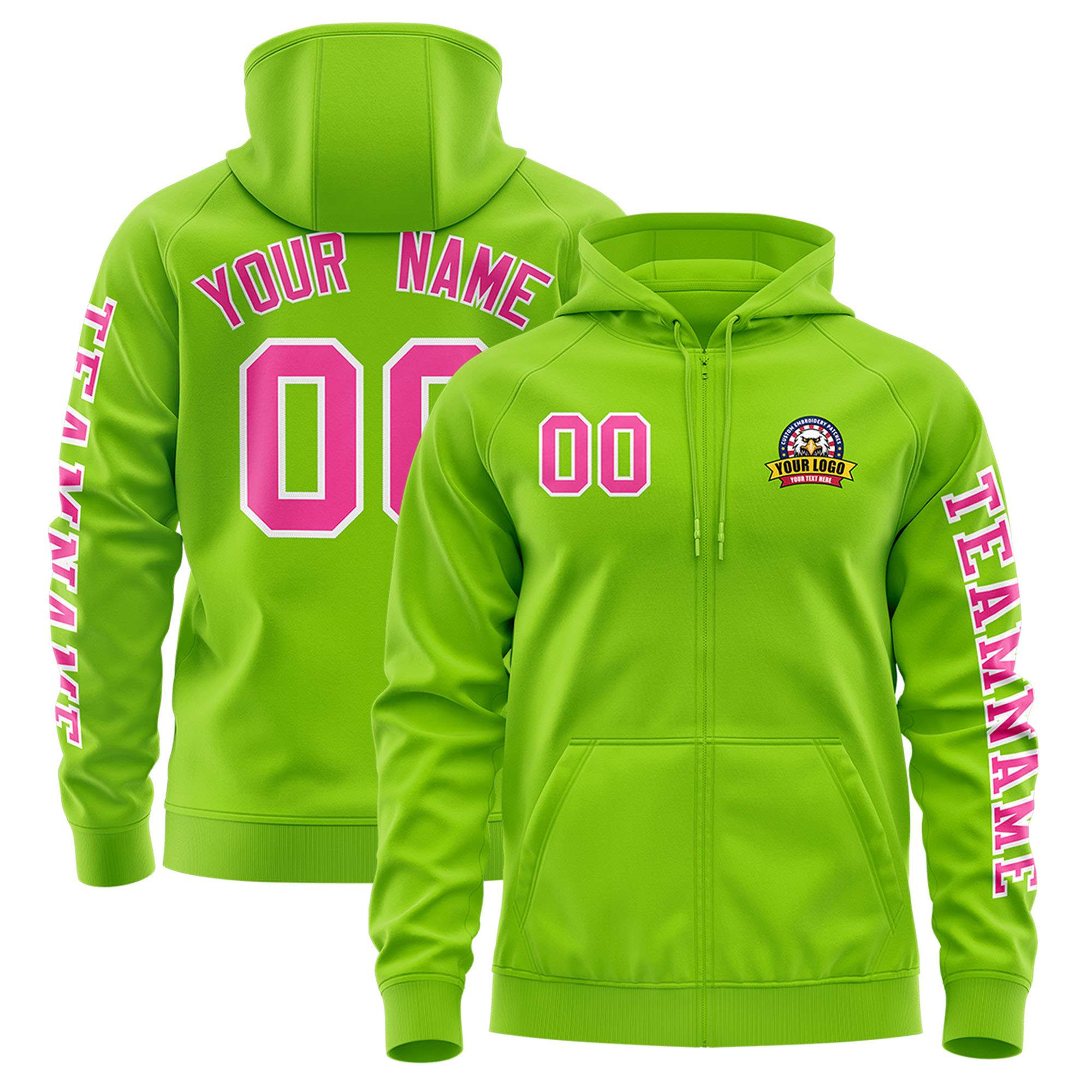 Custom Neon Green Pink Varsity Full-Zip Letterman Classic Jacket Hoodie| KXKSHOP