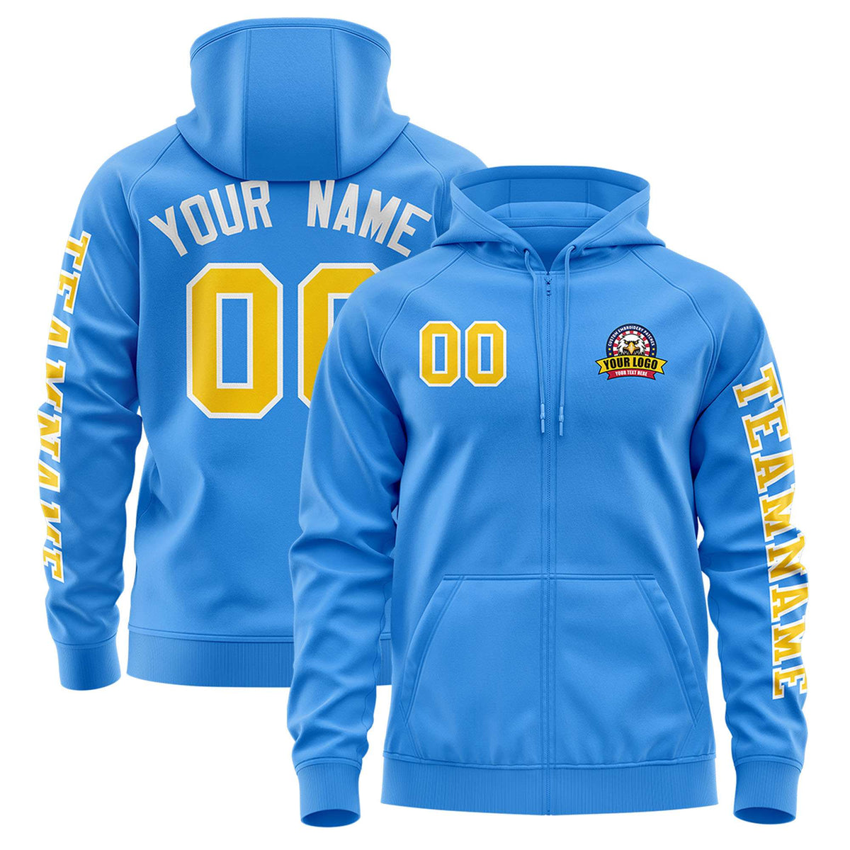 Custom Powder Blue Gold Varsity Full-Zip Letterman Classic Jacket Hoodie| KXKSHOP