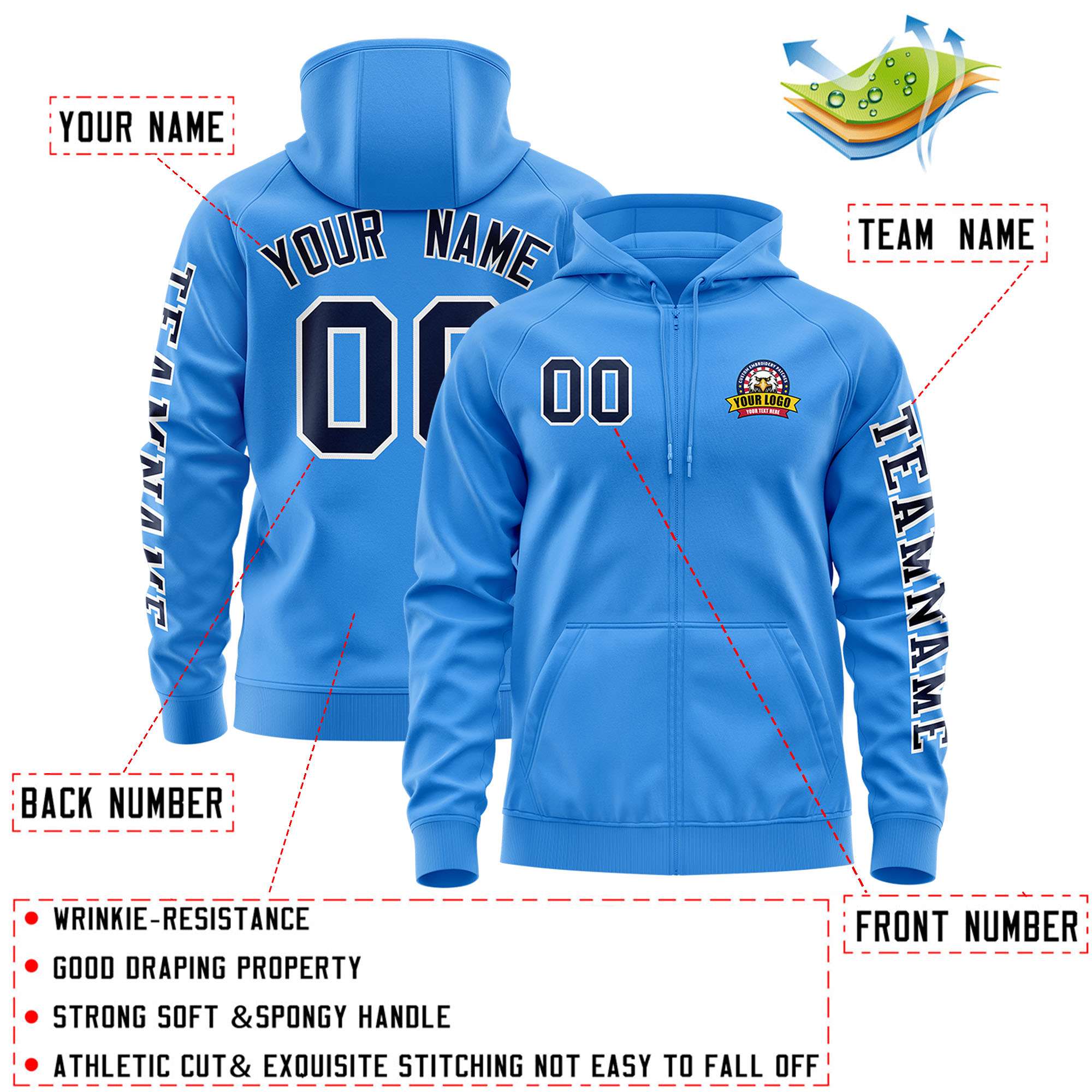 Custom Powder Blue Navy Varsity Full-Zip Letterman Classic Jacket Hoodie| KXKSHOP