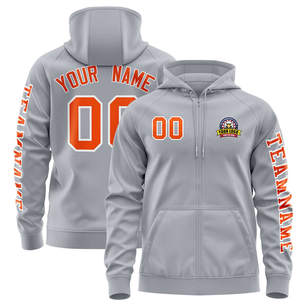 Custom Gray Orange Varsity Full-Zip Letterman Classic Jacket Hoodie| KXKSHOP