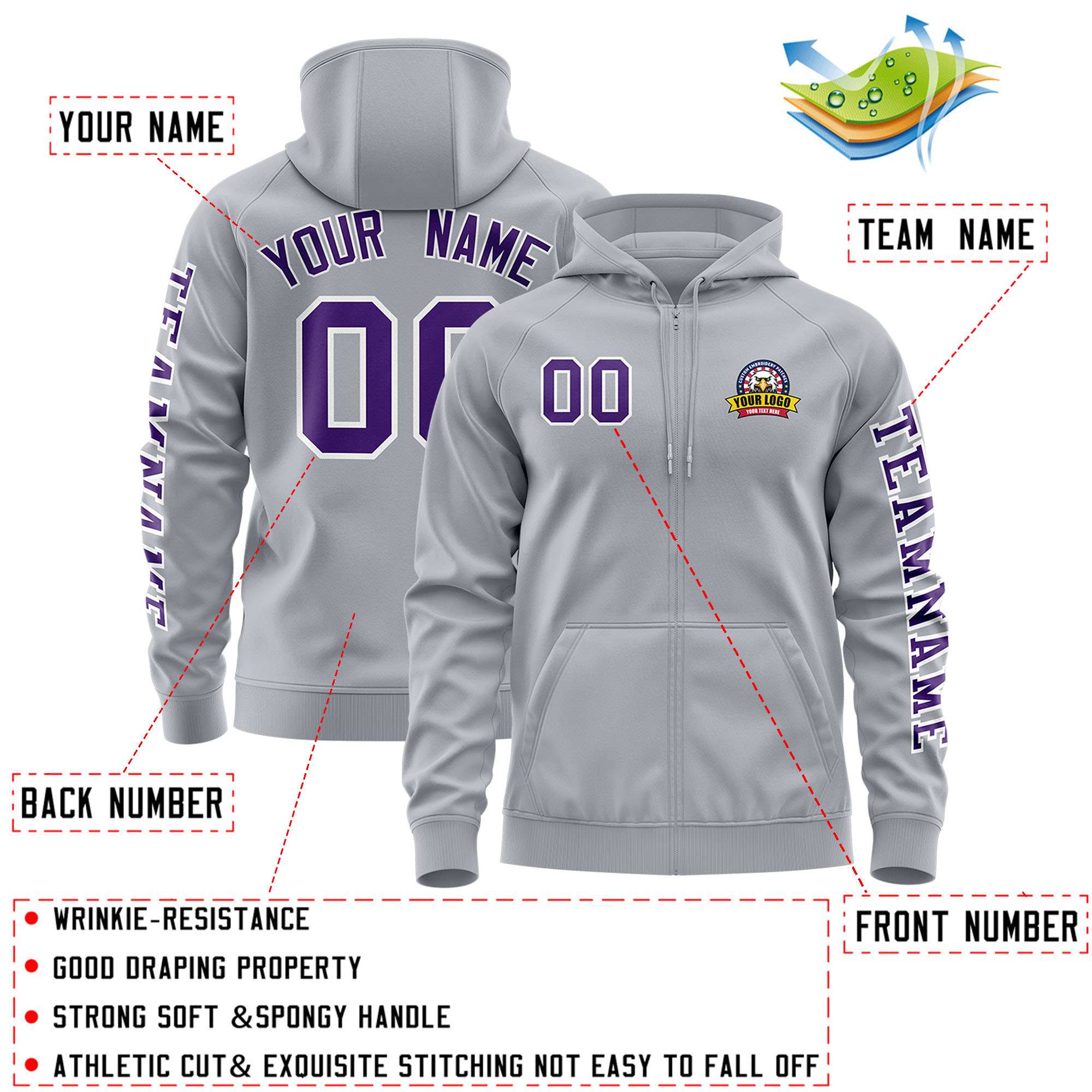 Custom Gray Purple Varsity Full-Zip Letterman Classic Jacket Hoodie| KXKSHOP