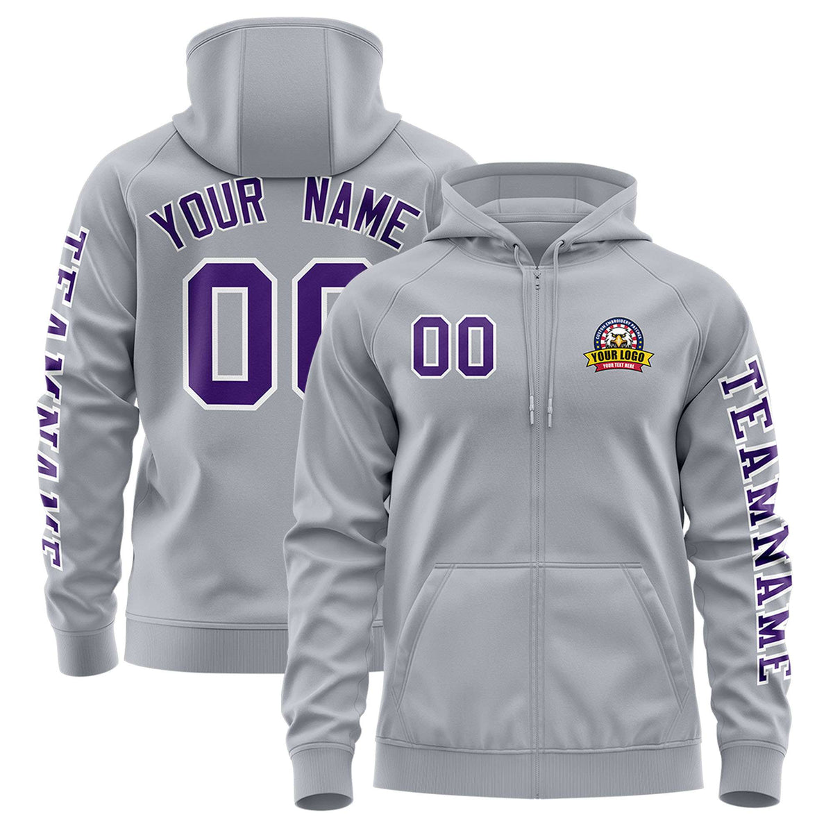 Custom Gray Purple Varsity Full-Zip Letterman Classic Jacket Hoodie| KXKSHOP