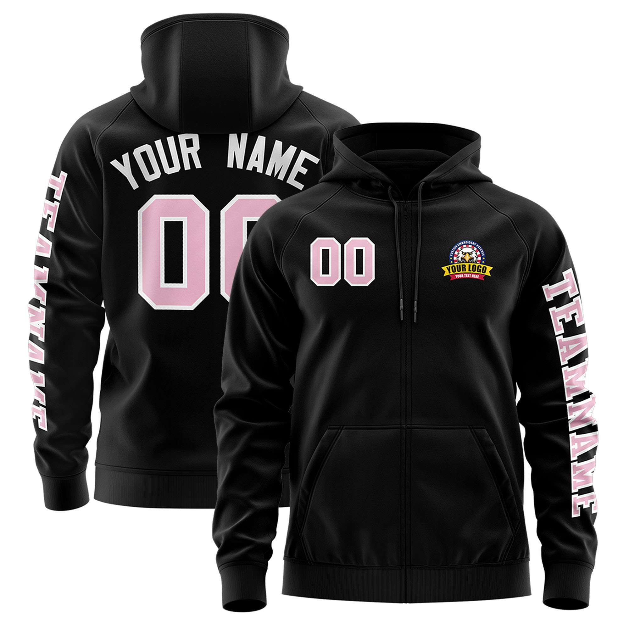 Custom Black Light Pink Varsity Full-Zip Letterman Classic Jacket Hoodie| KXKSHOP