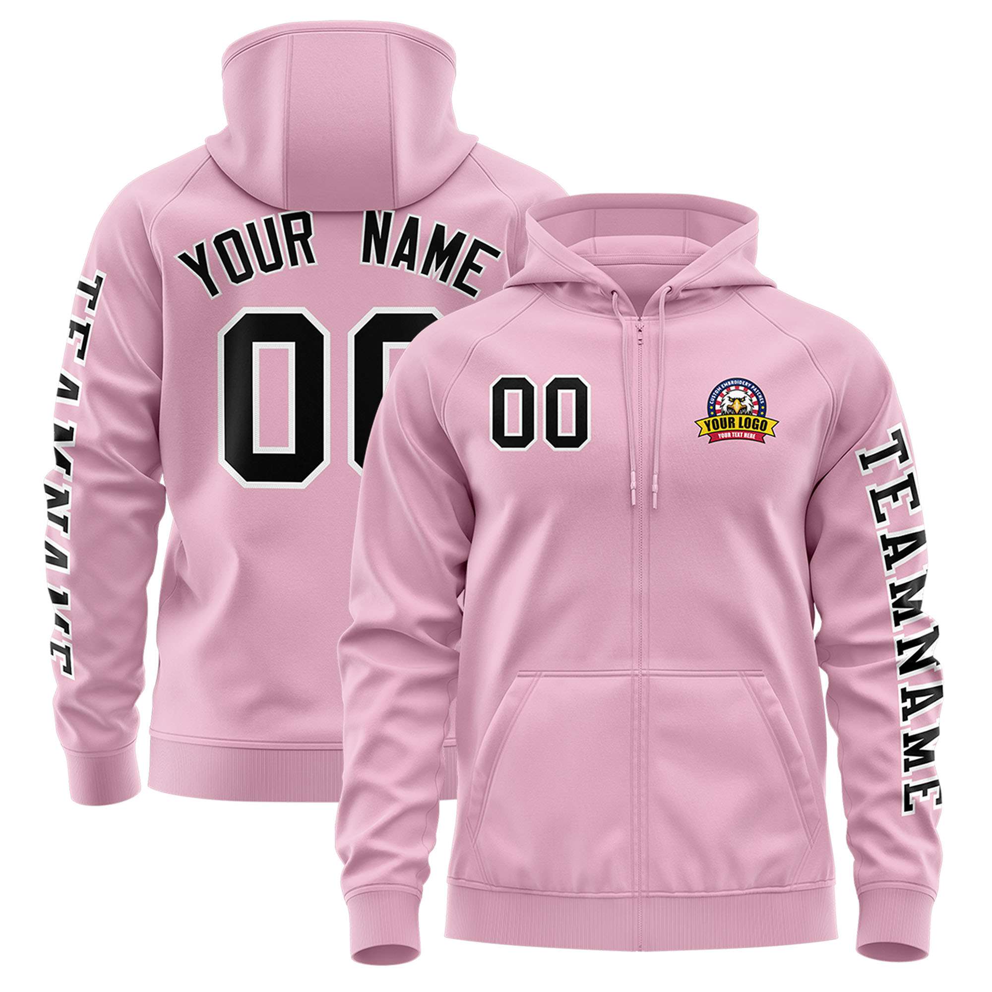 Custom Light Pink Black Varsity Full-Zip Letterman Classic Jacket Hoodie| KXKSHOP