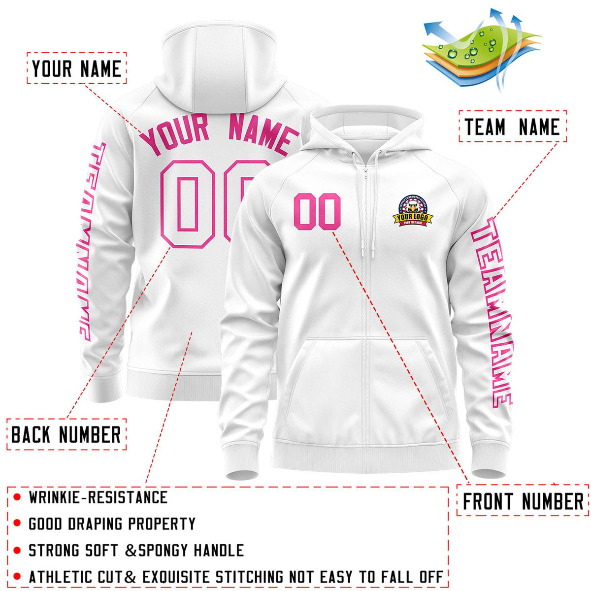 Custom White Pink Varsity Full-Zip Letterman Classic Jacket Hoodie| KXKSHOP