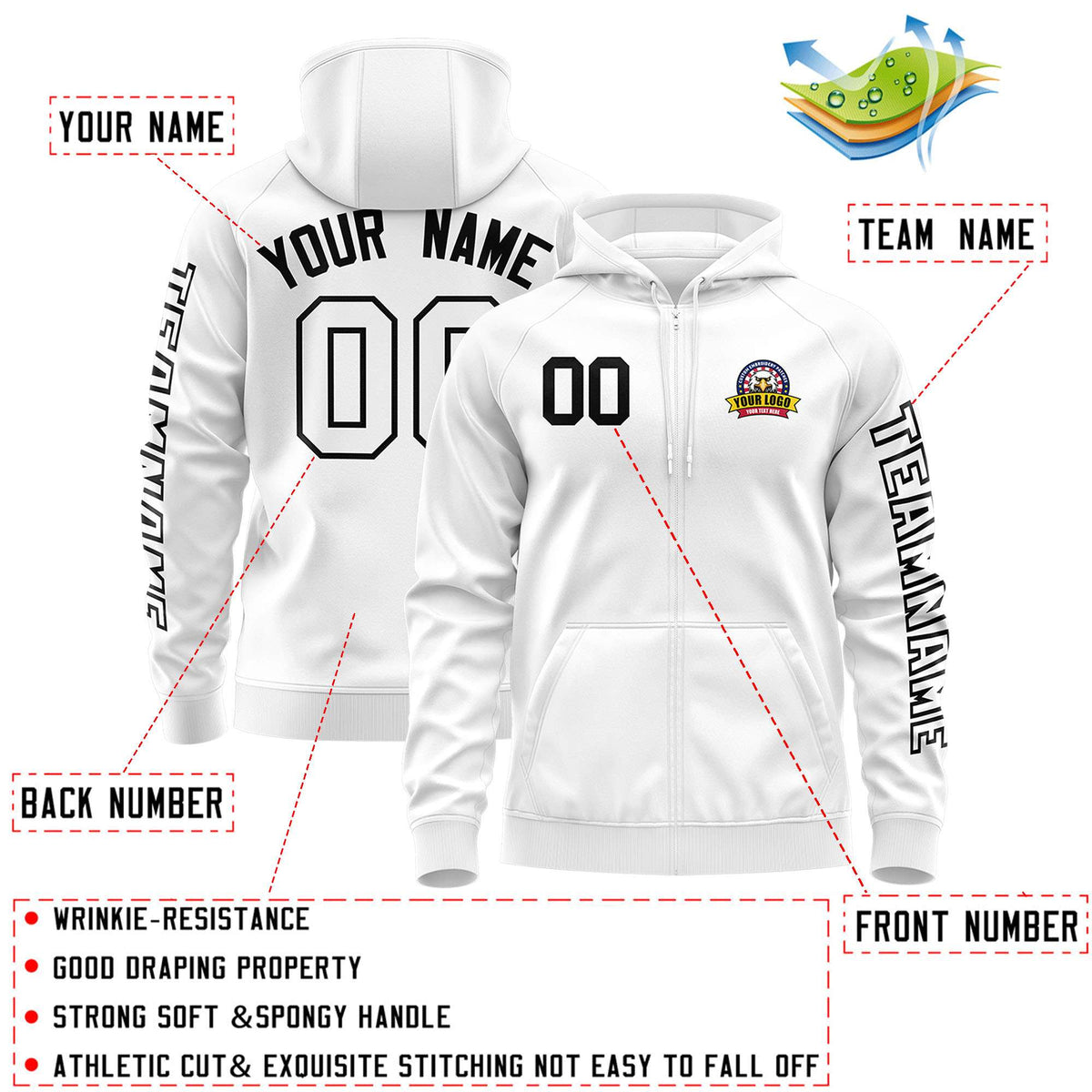 Custom White Black Varsity Full-Zip Letterman Classic Jacket Hoodie| KXKSHOP