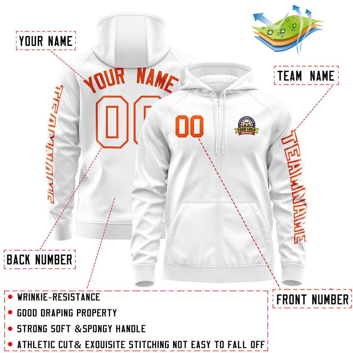 Custom White Orange Varsity Full-Zip Letterman Classic Jacket Hoodie| KXKSHOP