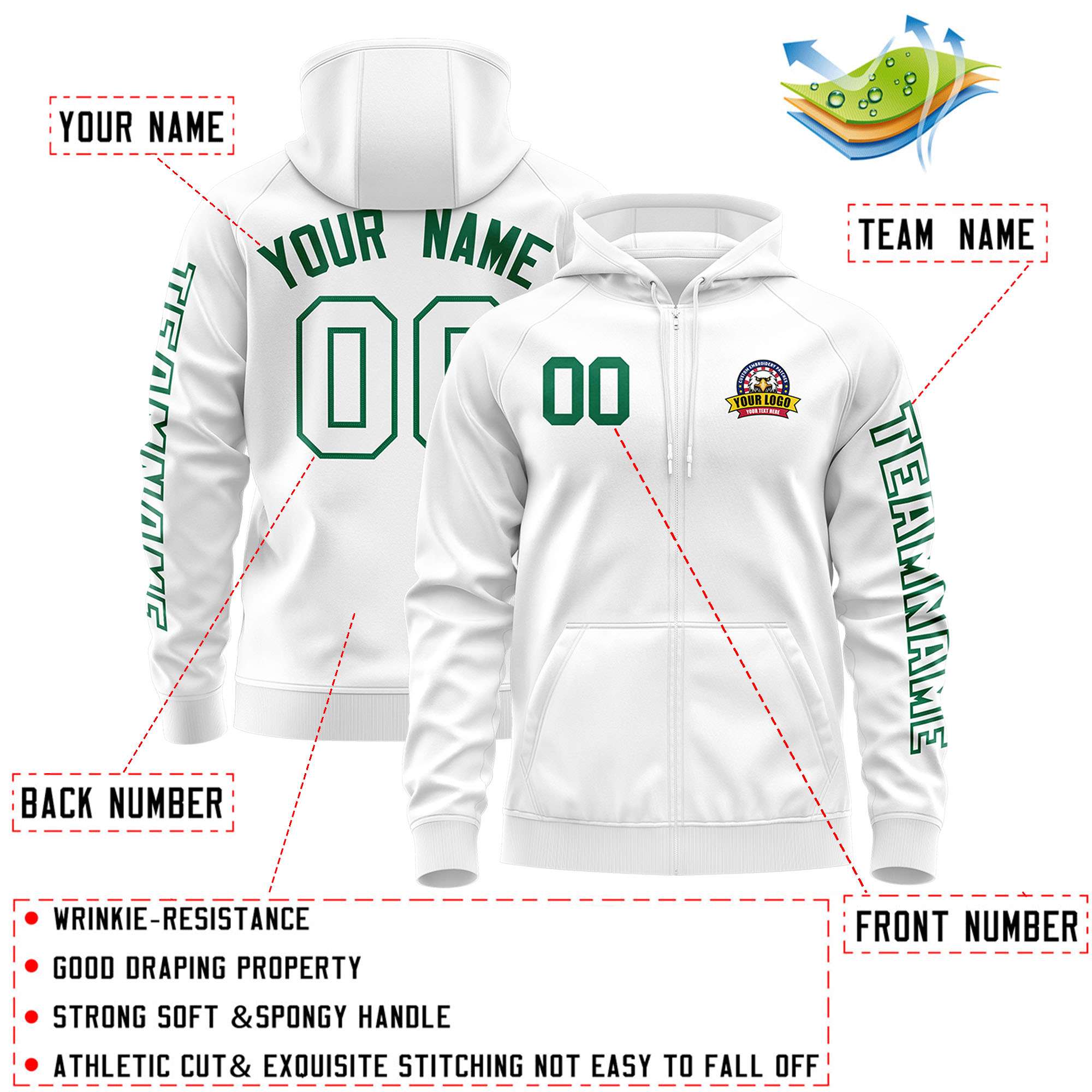 Custom White Kelly Green Varsity Full-Zip Letterman Classic Jacket Hoodie| KXKSHOP