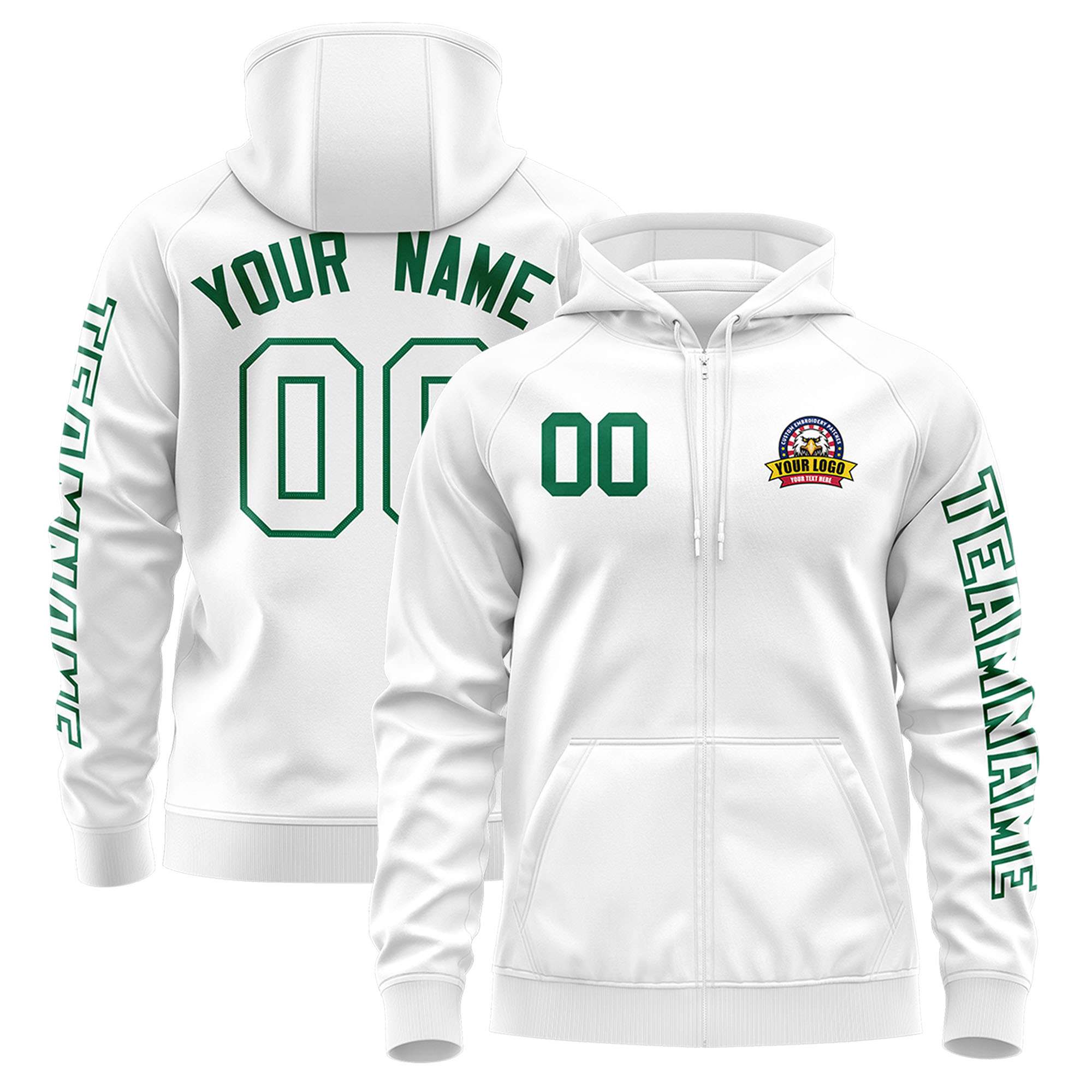 Custom White Kelly Green Varsity Full-Zip Letterman Classic Jacket Hoodie| KXKSHOP