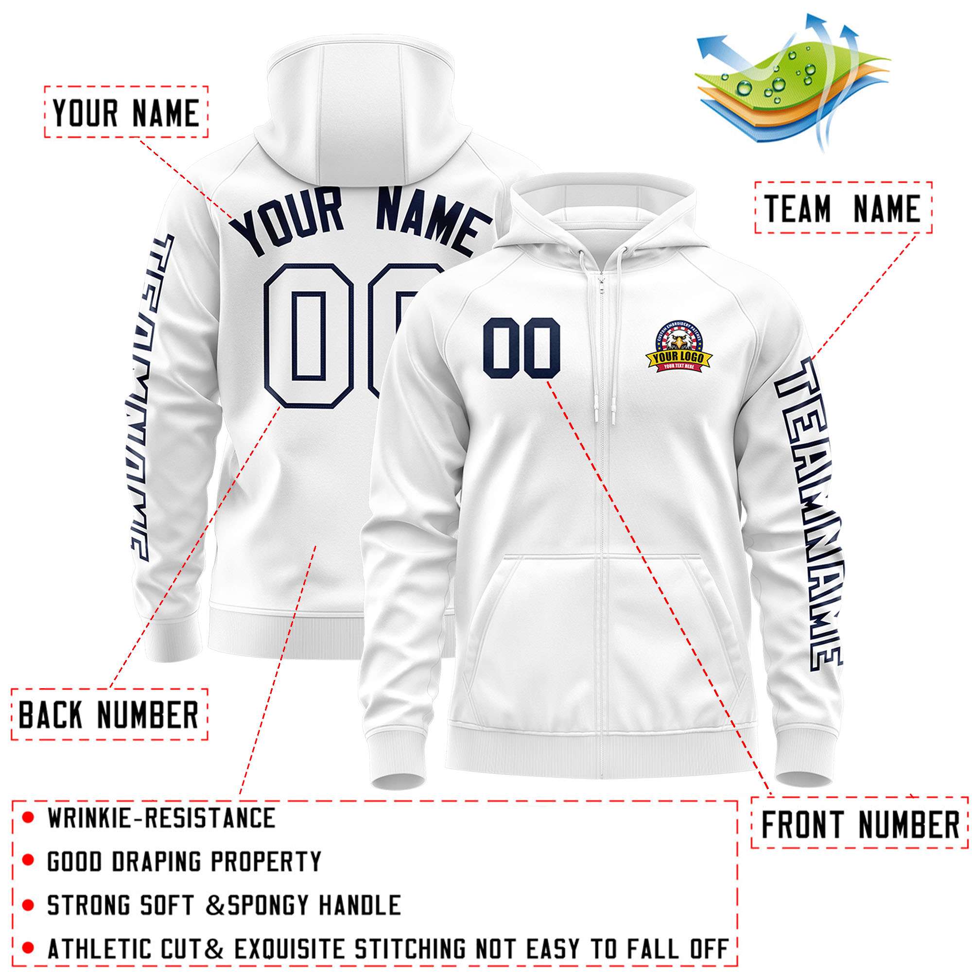 Custom White Navy Varsity Full-Zip Letterman Classic Jacket Hoodie| KXKSHOP