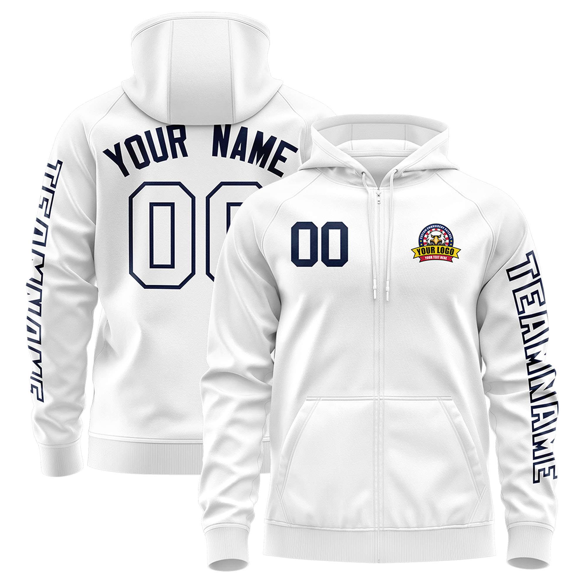 Custom White Navy Varsity Full-Zip Letterman Classic Jacket Hoodie| KXKSHOP