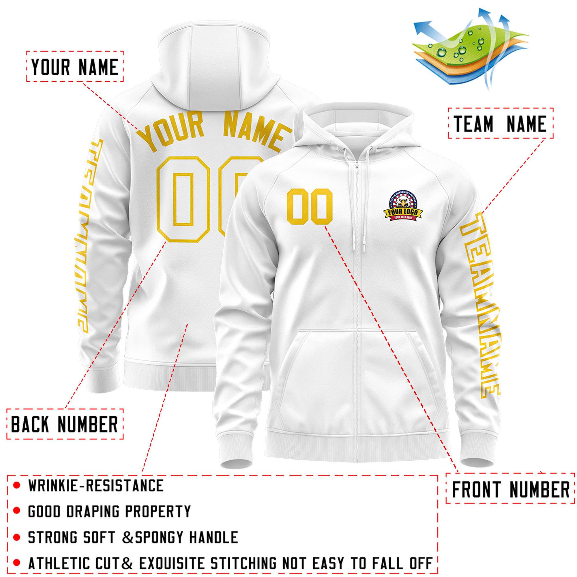 Custom White Gold Varsity Full-Zip Letterman Classic Jacket Hoodie| KXKSHOP