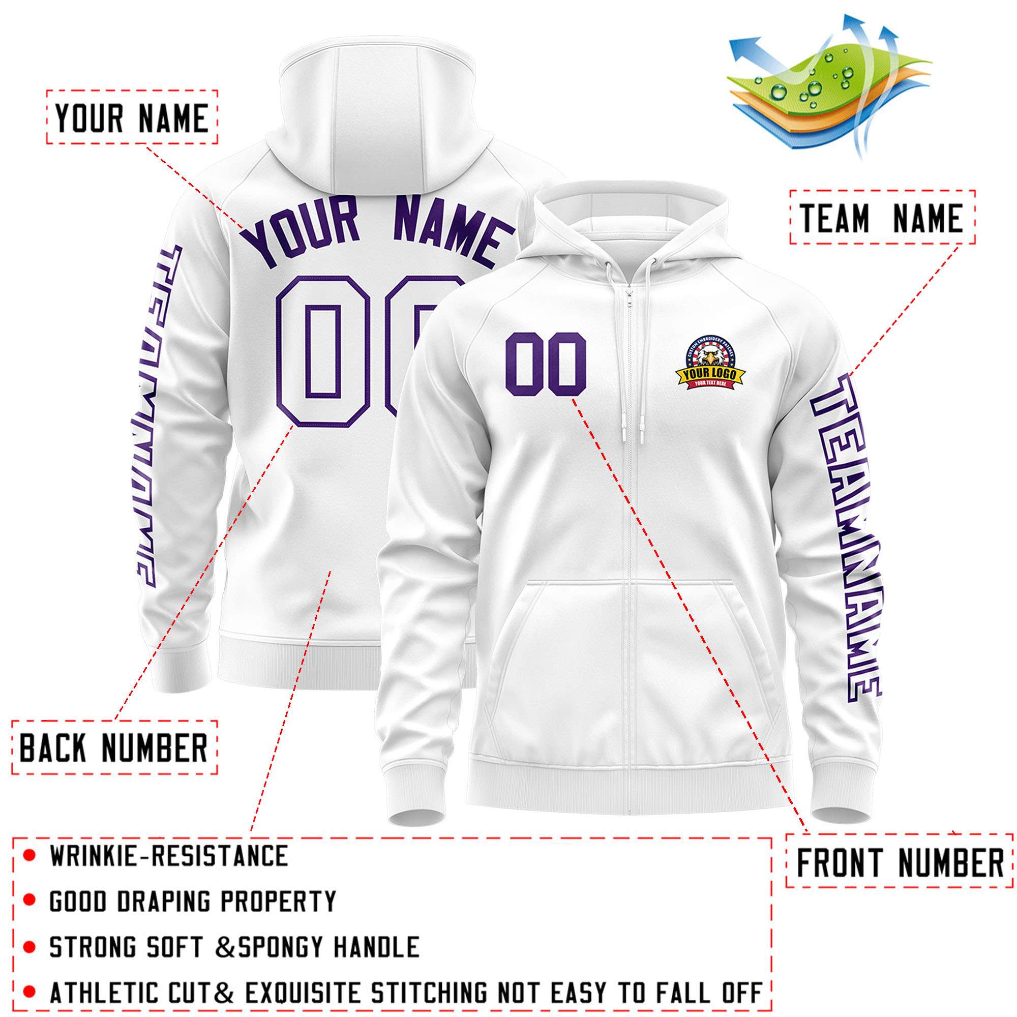 Custom White Purple Varsity Full-Zip Letterman Classic Jacket Hoodie| KXKSHOP