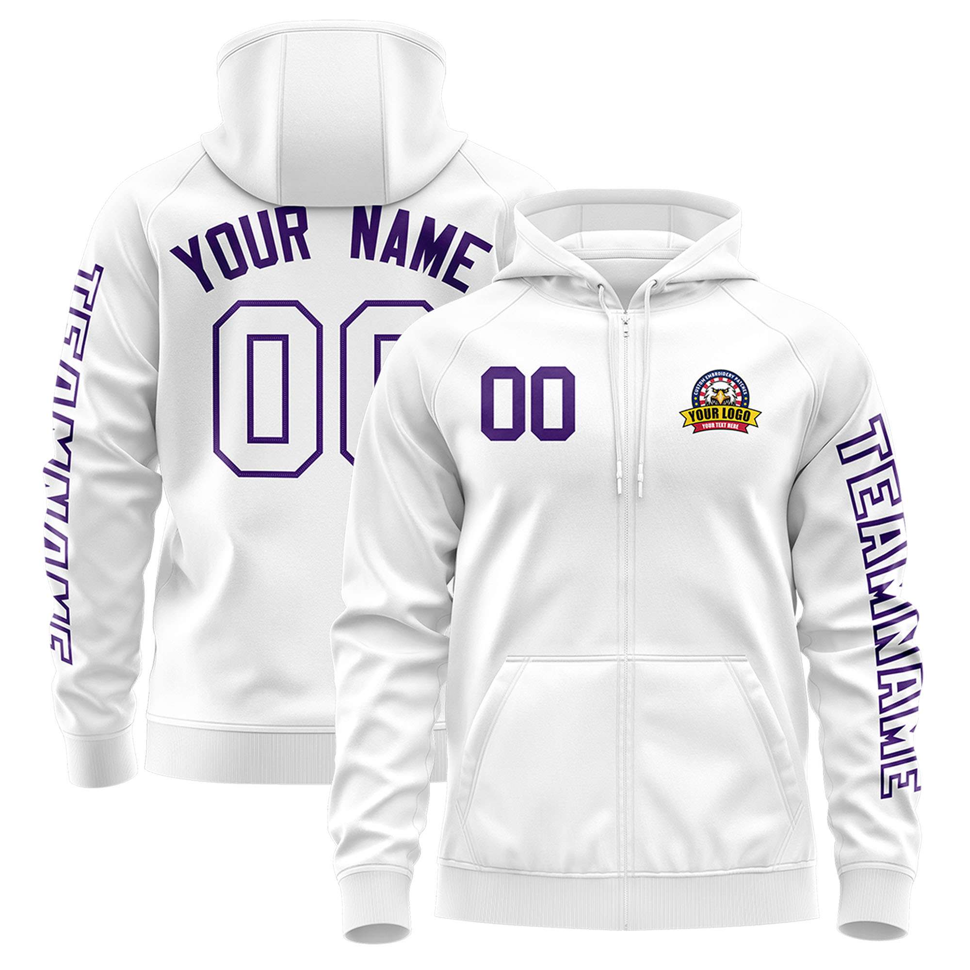 Custom White Purple Varsity Full-Zip Letterman Classic Jacket Hoodie| KXKSHOP