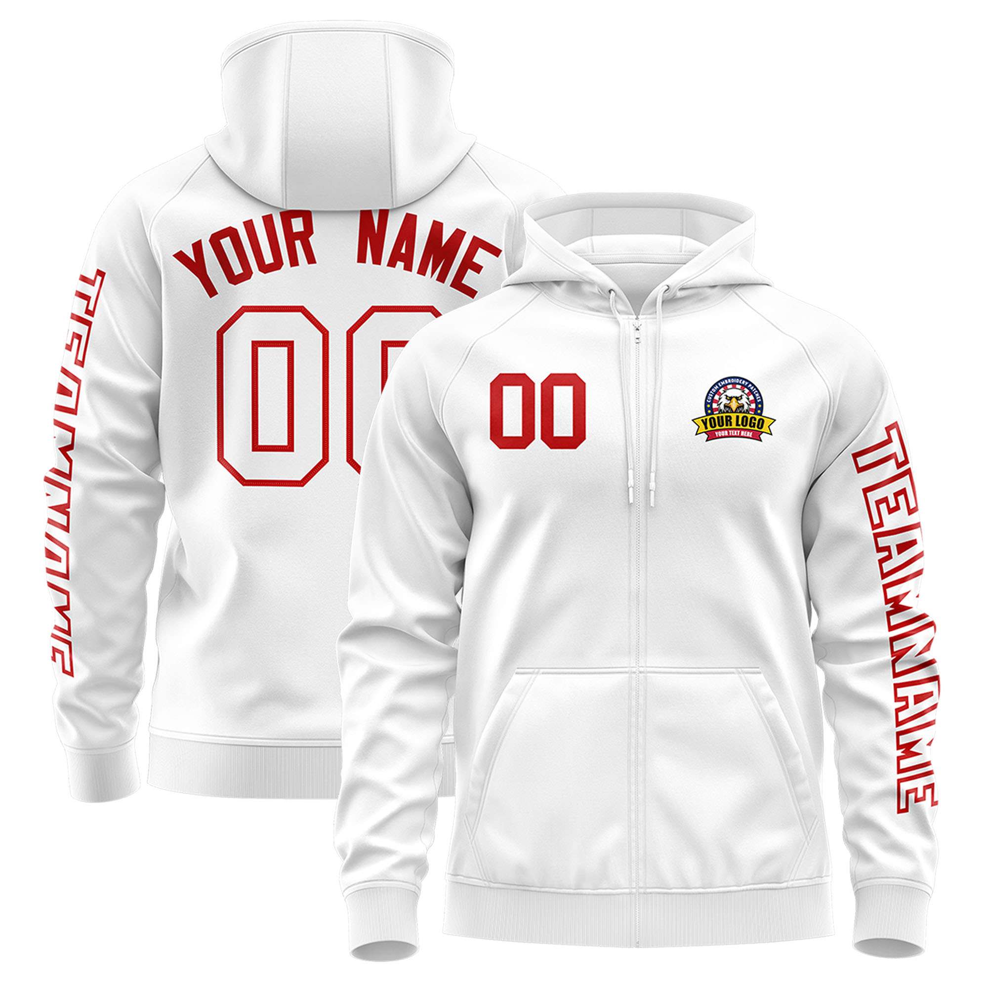 Custom White Red Varsity Full-Zip Letterman Classic Jacket Hoodie| KXKSHOP