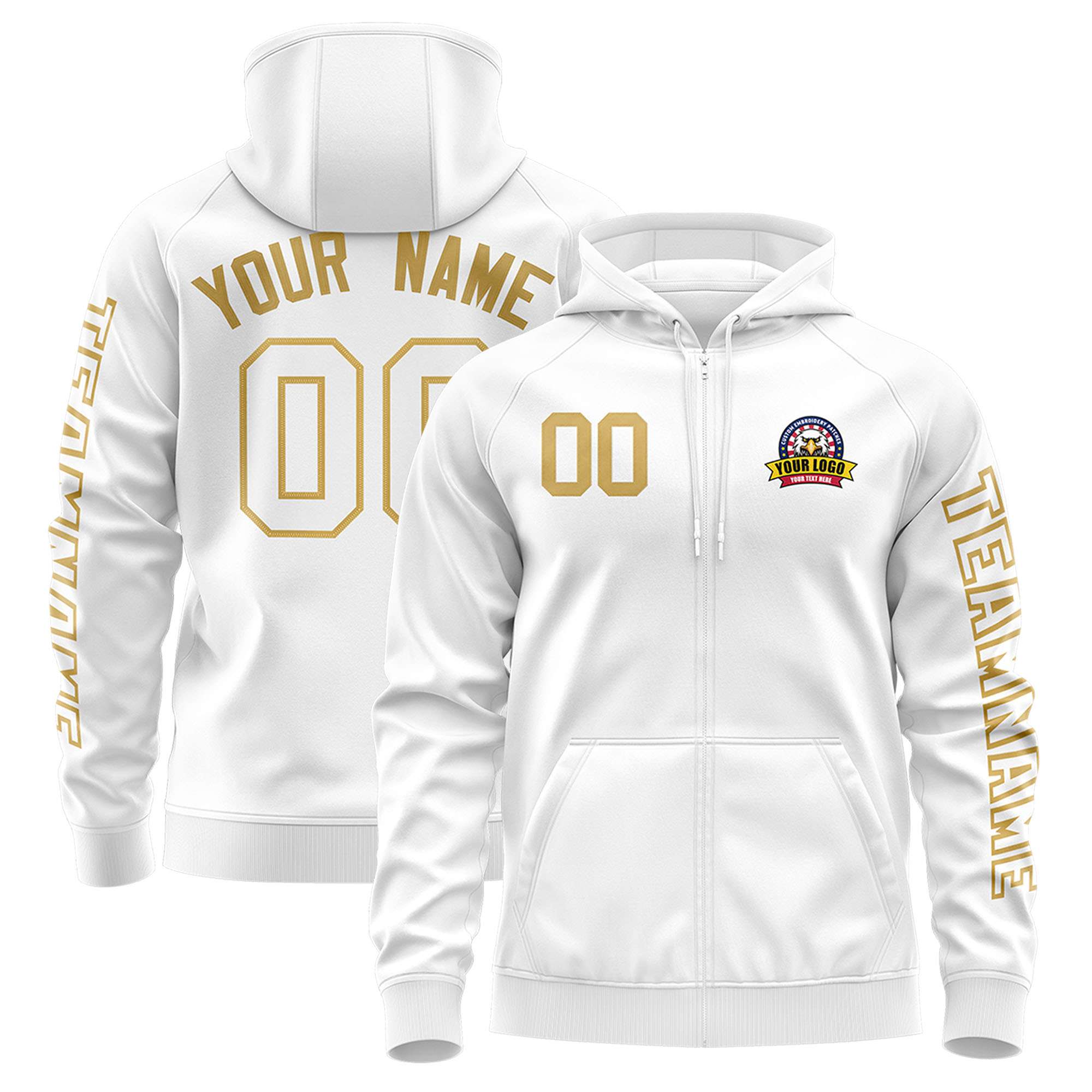 Custom White Old Gold Varsity Full-Zip Letterman Classic Jacket Hoodie| KXKSHOP