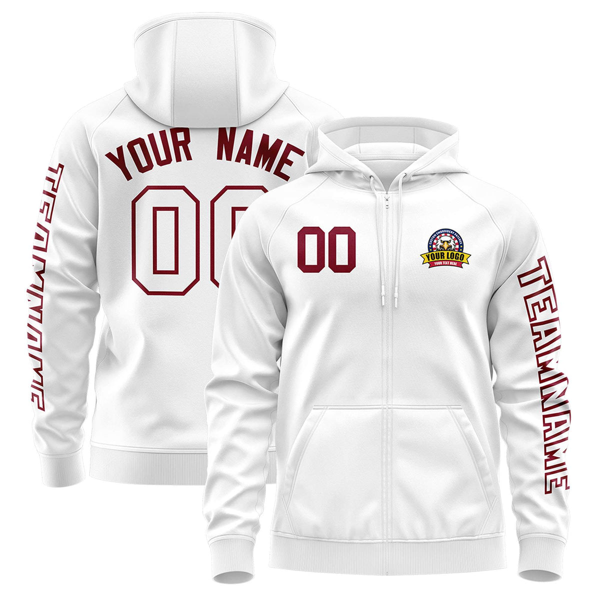 Custom White Crimson Varsity Full-Zip Letterman Classic Jacket Hoodie| KXKSHOP