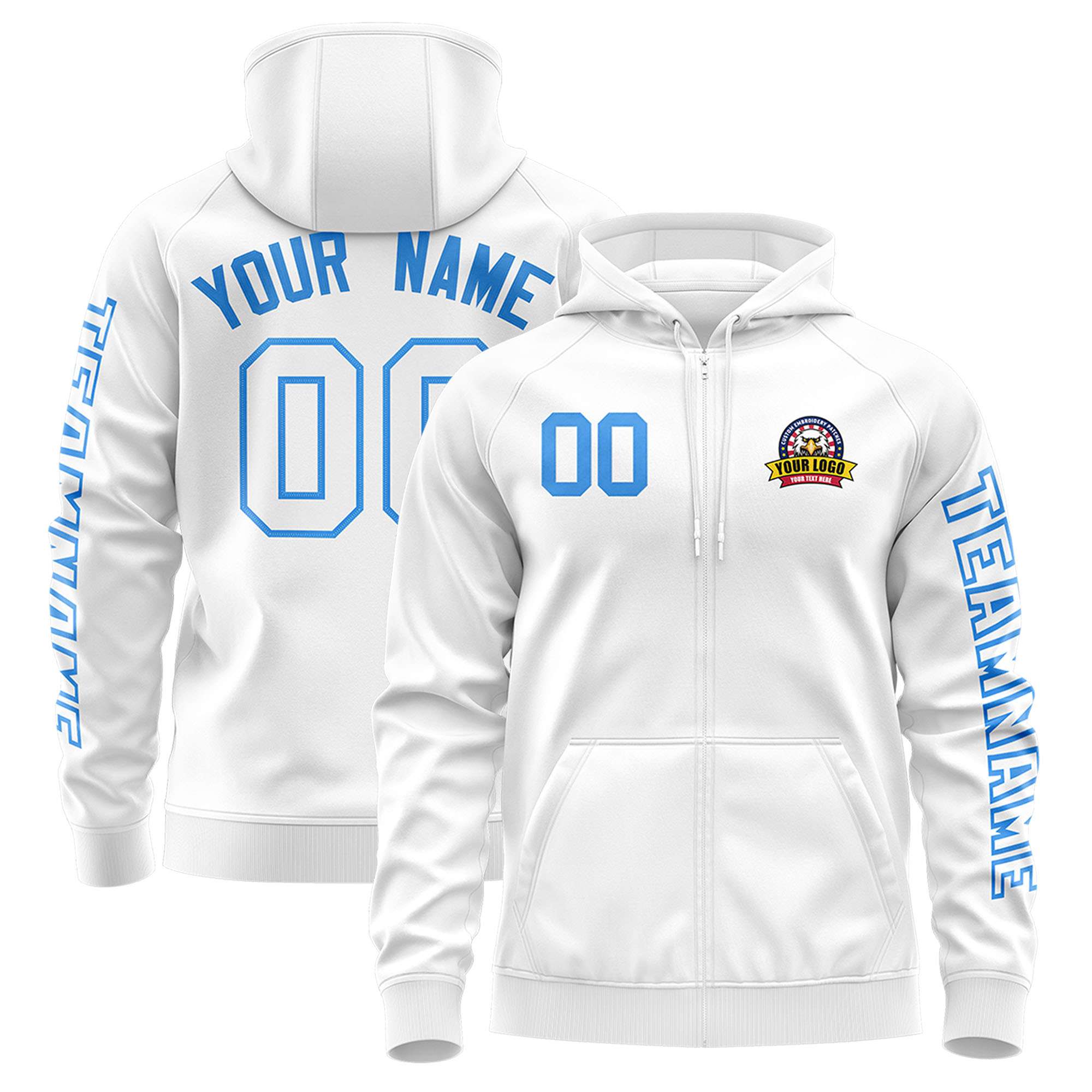 Custom White Powder Blue Varsity Full-Zip Letterman Classic Jacket Hoodie| KXKSHOP