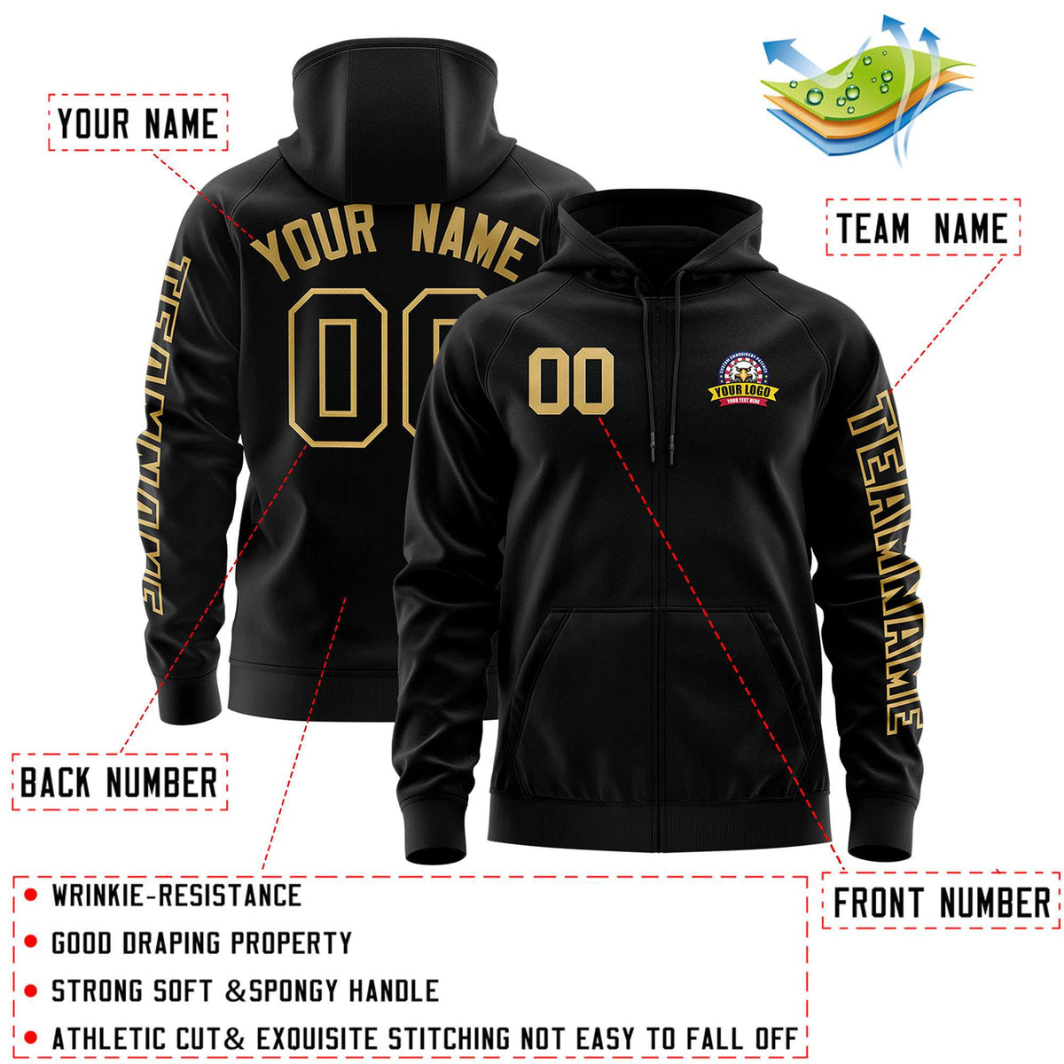 Custom Black Old Gold Varsity Full-Zip Letterman Classic Jacket Hoodie| KXKSHOP