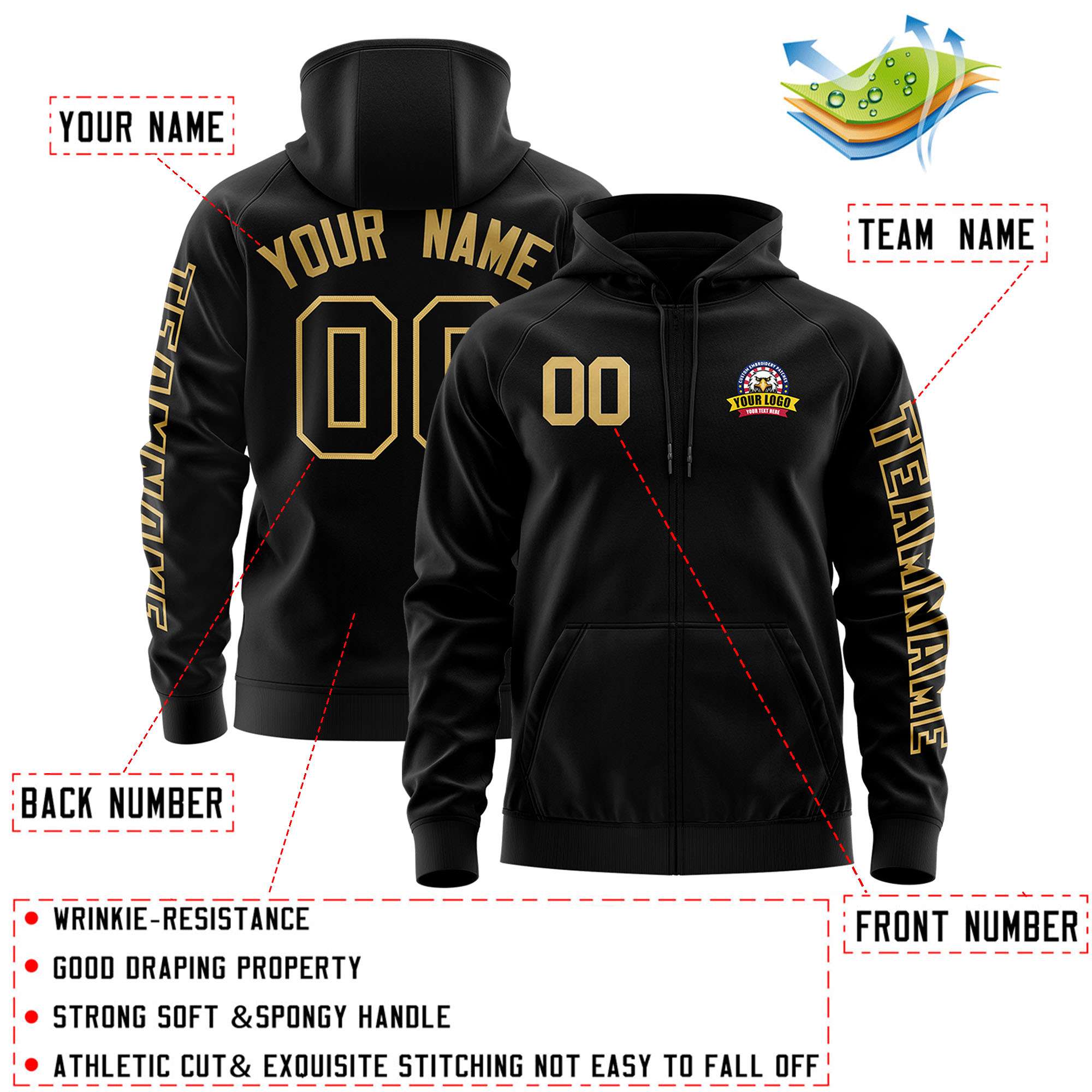 Custom Black Old Gold Varsity Full-Zip Letterman Classic Jacket Hoodie| KXKSHOP
