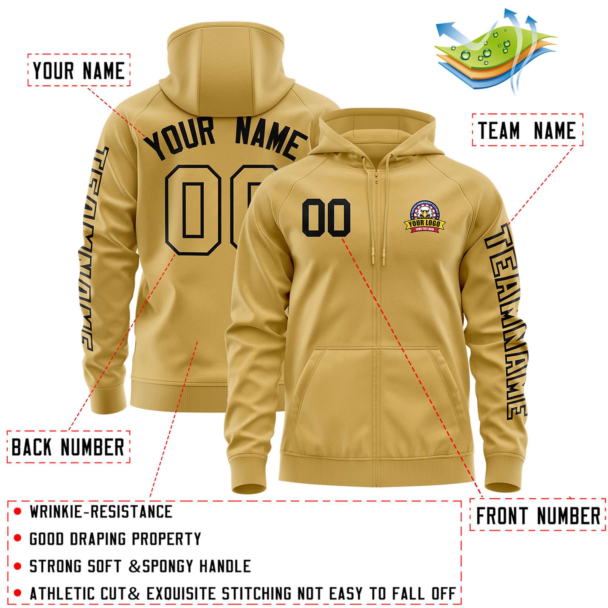 Custom Old Gold Black Varsity Full-Zip Letterman Classic Jacket Hoodie| KXKSHOP
