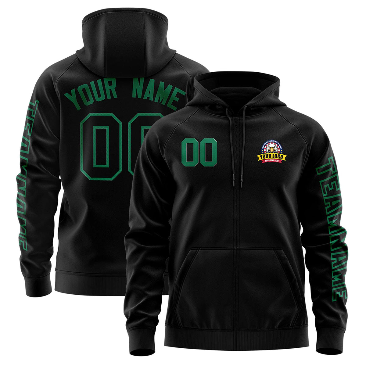 Custom Black Kelly Green Varsity Full-Zip Letterman Classic Jacket Hoodie| KXKSHOP