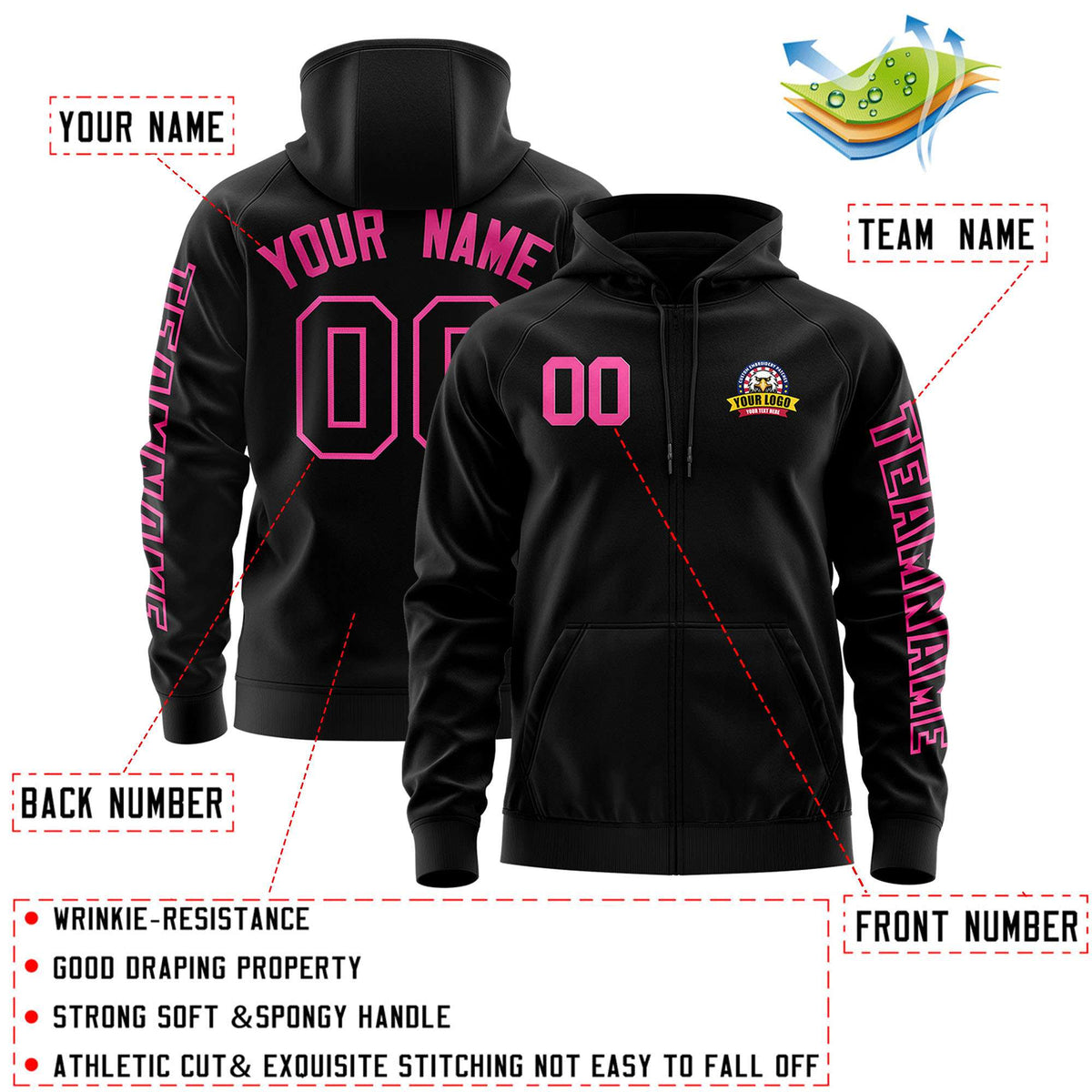 Custom Black Pink Varsity Full-Zip Letterman Classic Jacket Hoodie| KXKSHOP
