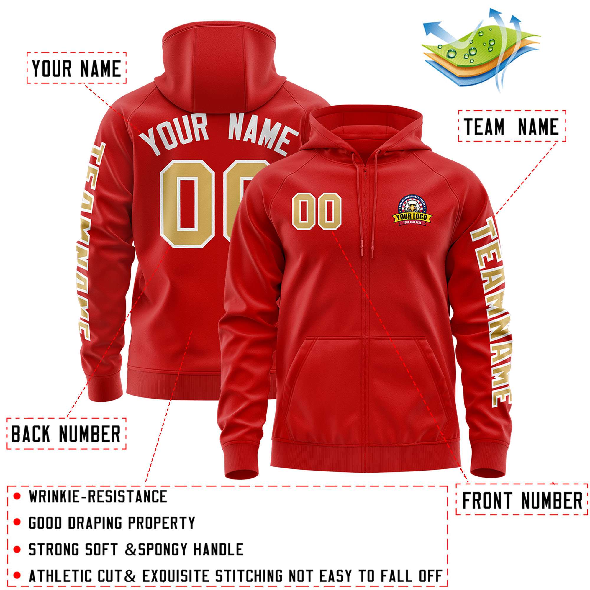 Custom Red Old Gold Varsity Full-Zip Letterman Classic Jacket Hoodie| KXKSHOP