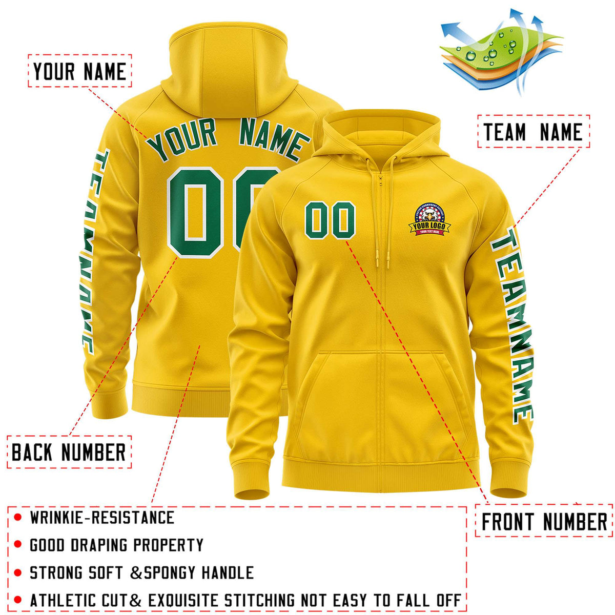 Custom Gold Kelly Green Varsity Full-Zip Letterman Classic Jacket Hoodie| KXKSHOP