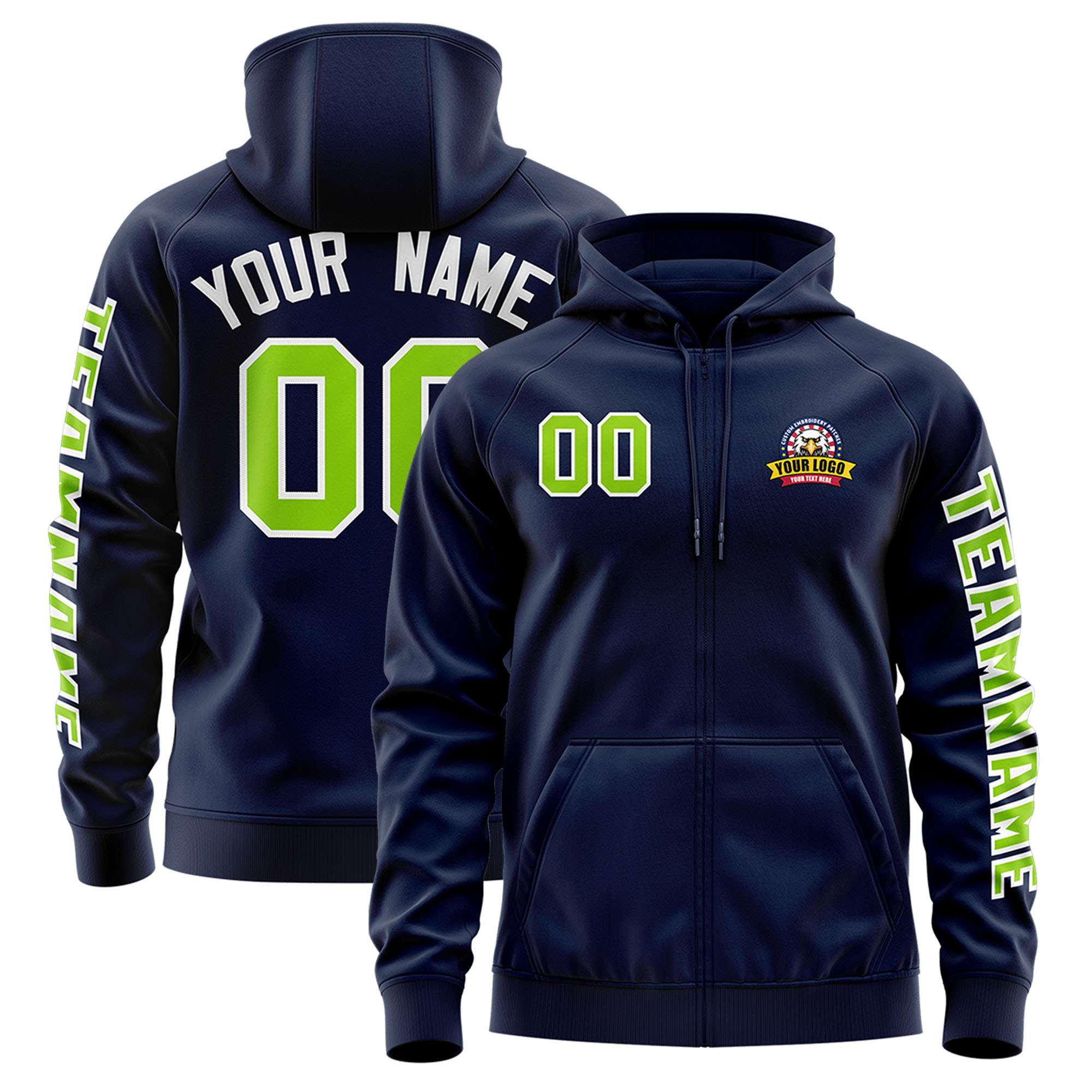 Custom Navy Neon Green Varsity Full-Zip Letterman Classic Jacket Hoodie| KXKSHOP