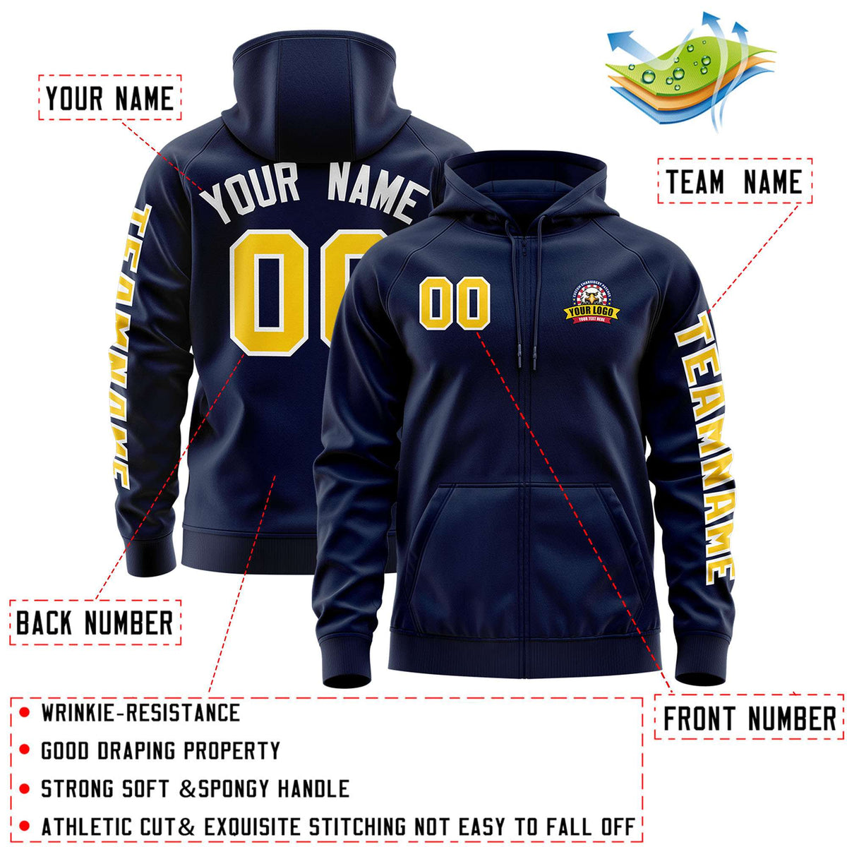 Custom Navy Gold Varsity Full-Zip Letterman Classic Jacket Hoodie| KXKSHOP
