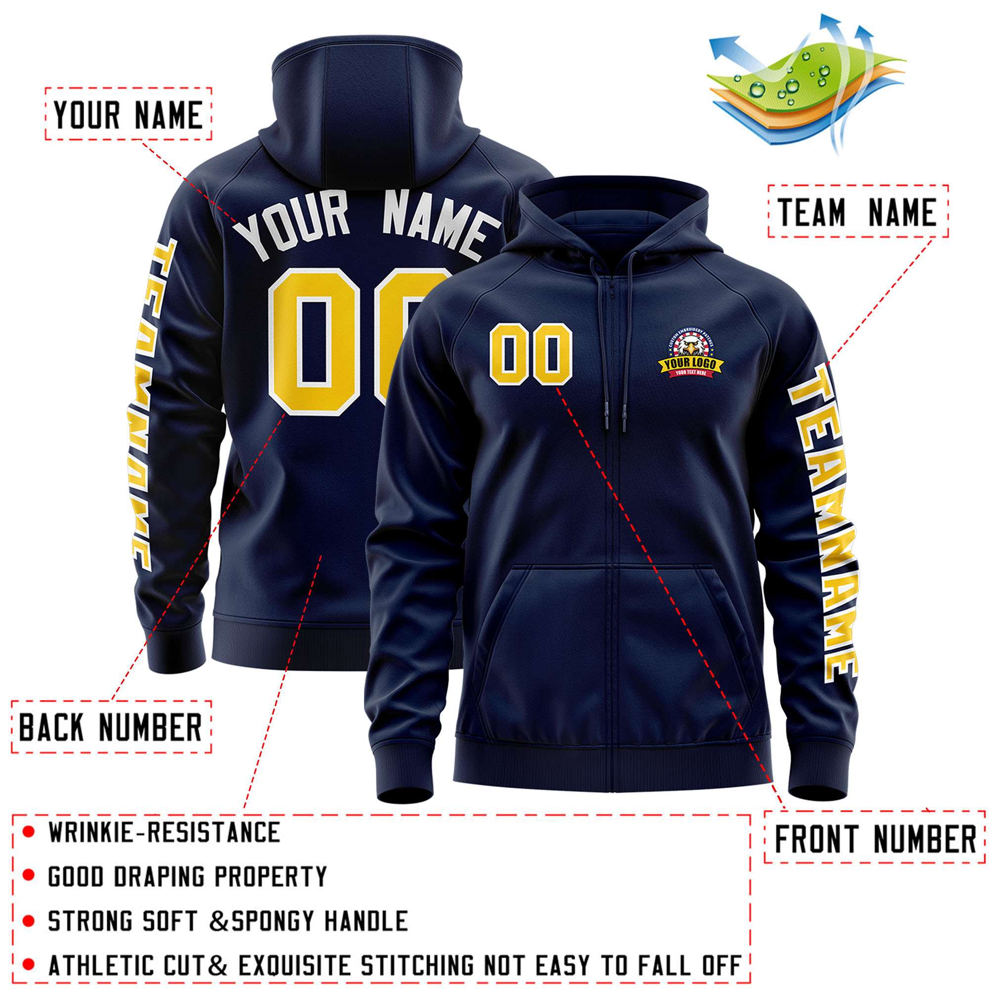 Custom Navy Gold Varsity Full-Zip Letterman Classic Jacket Hoodie| KXKSHOP