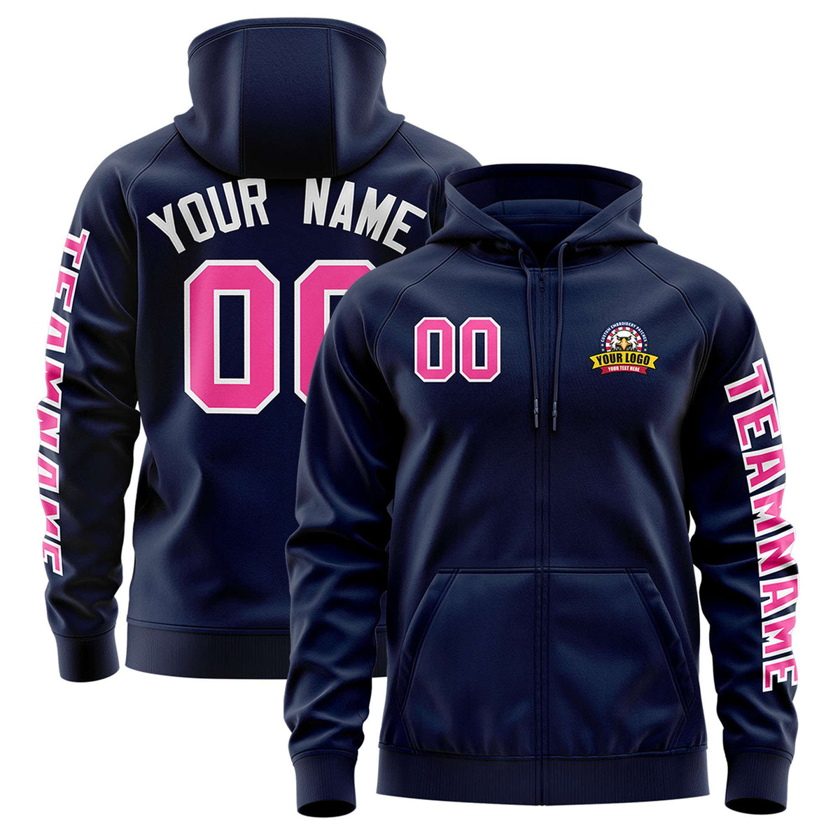 Custom Navy Pink Varsity Full-Zip Letterman Classic Jacket Hoodie| KXKSHOP