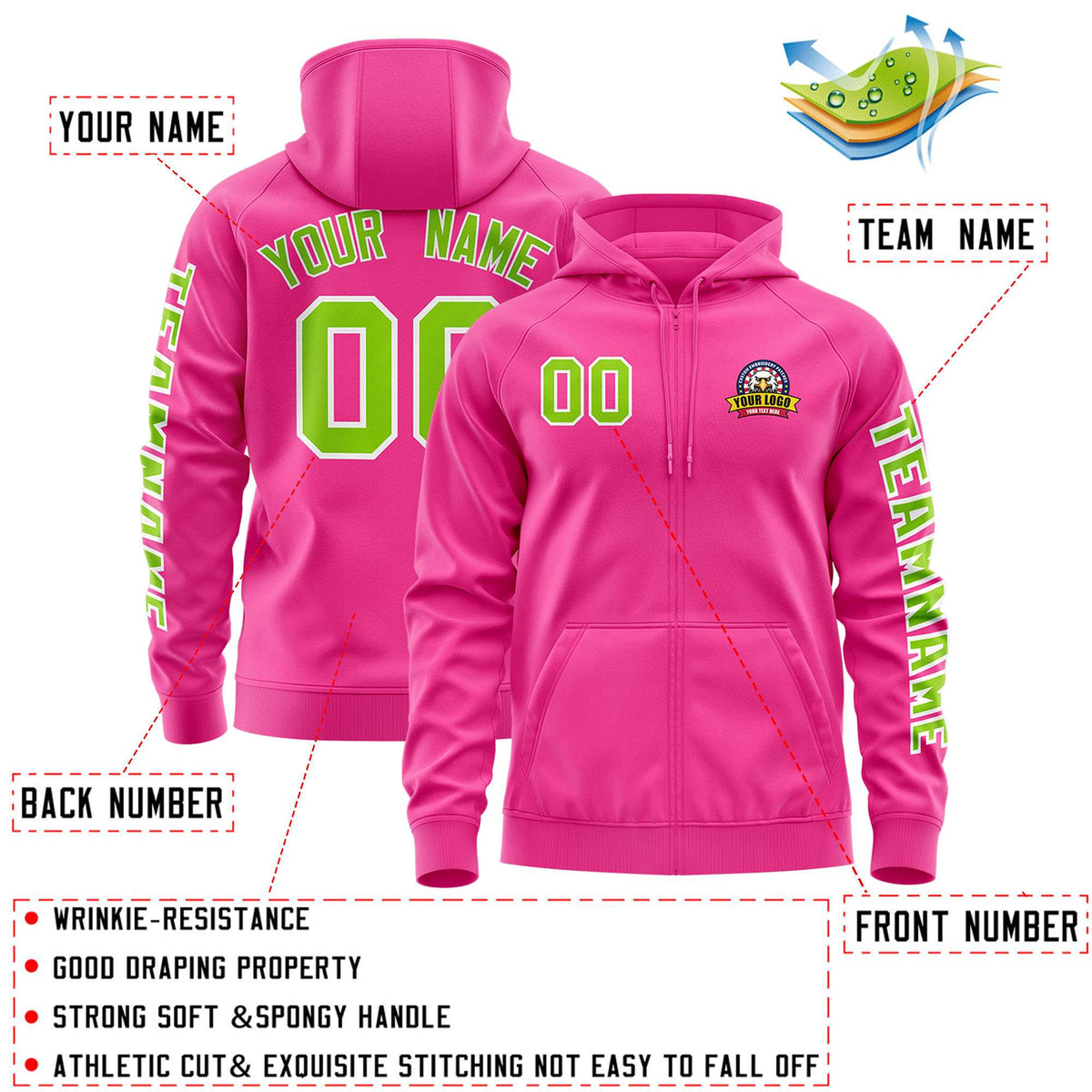 Custom Pink Neon Green Varsity Full-Zip Letterman Classic Jacket Hoodie| KXKSHOP