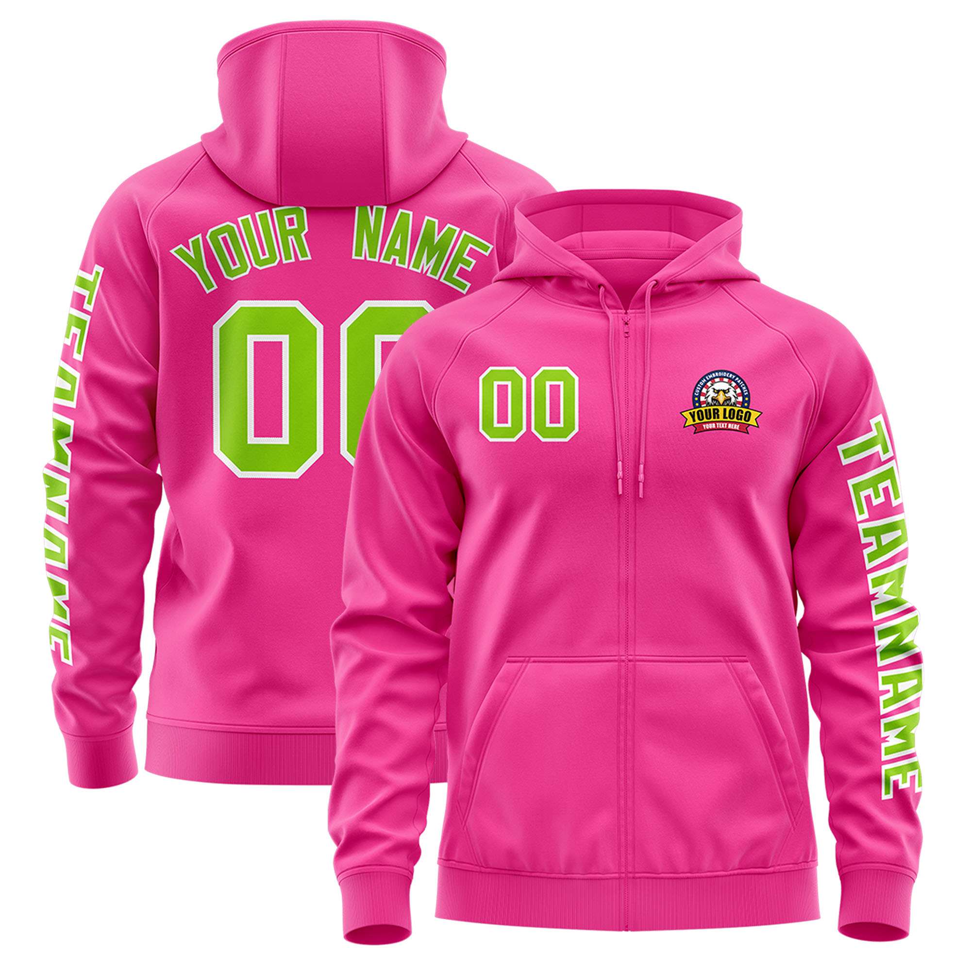 Custom Pink Neon Green Varsity Full-Zip Letterman Classic Jacket Hoodie| KXKSHOP