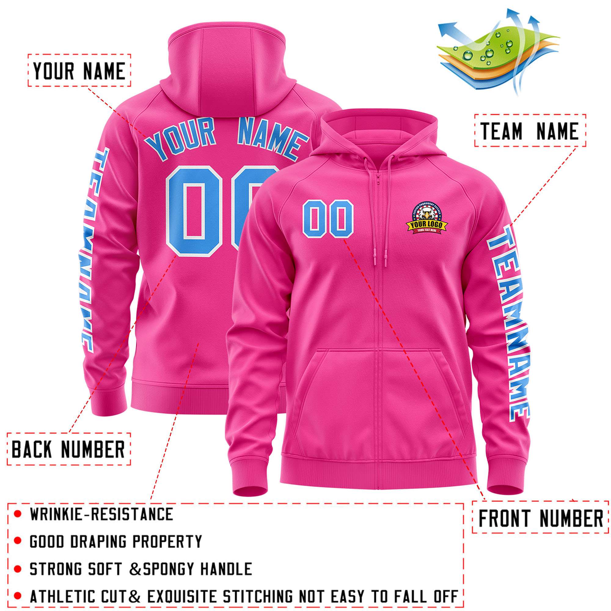 Custom Pink Powder Blue Varsity Full-Zip Letterman Classic Jacket Hoodie| KXKSHOP